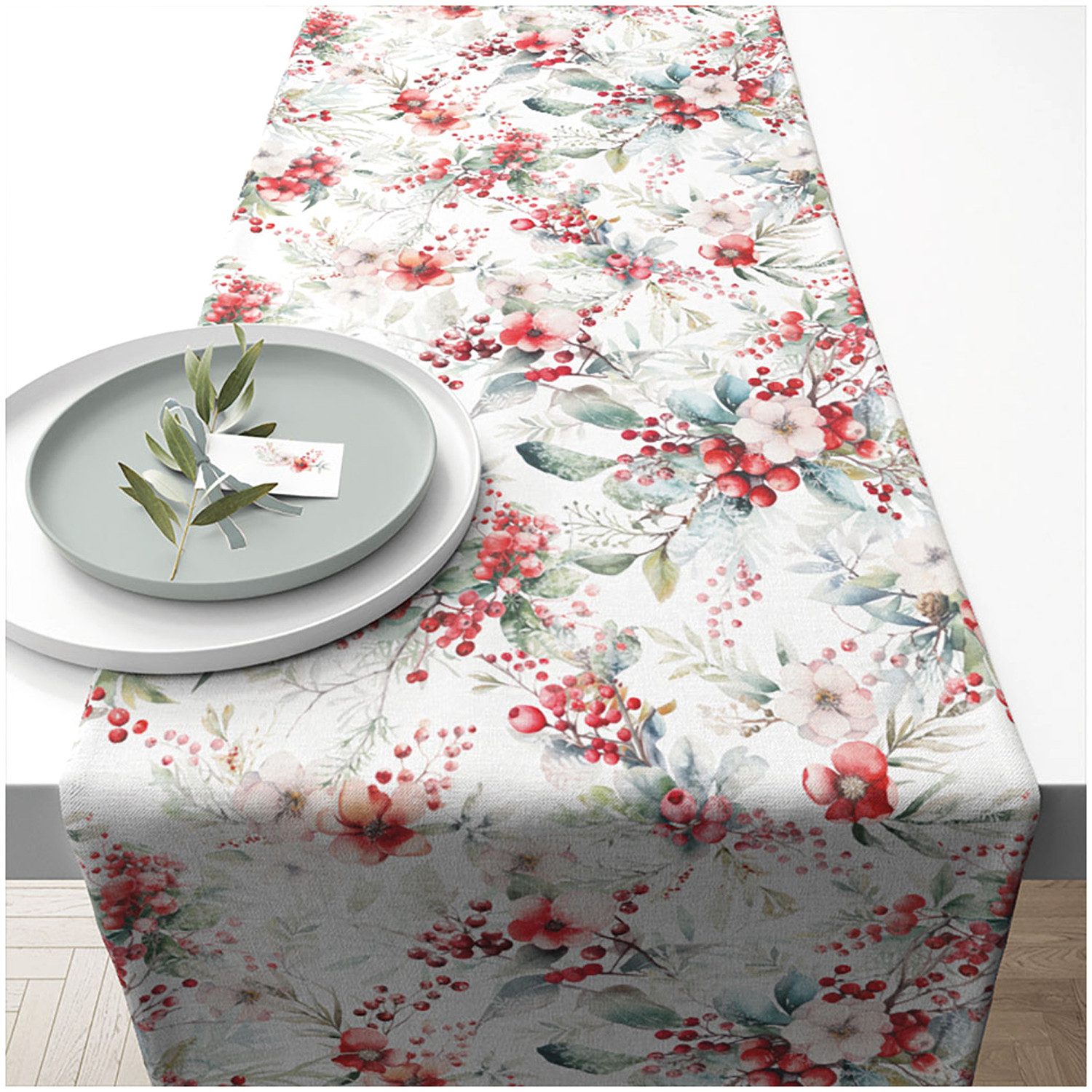 Ambiente® Tischläufer Winter berries (1-tlg, 1-teilig), Tischläufer Tischdecke ca.40x150cm Baumwolle