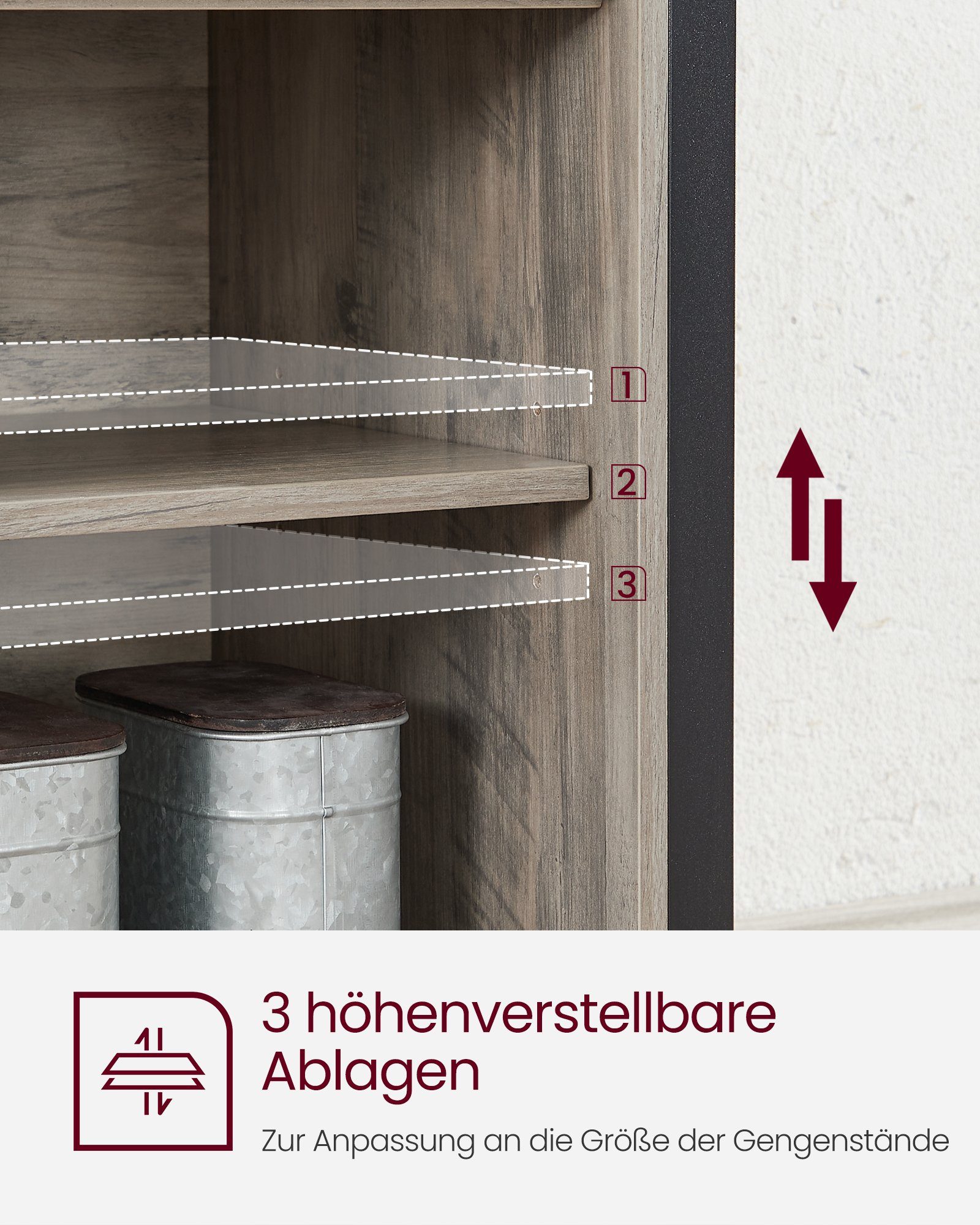 VASAGLE Sideboard Küchenschrank, mit 2 Greige-schwarz Schiebetüren, Ablagen verstellbare