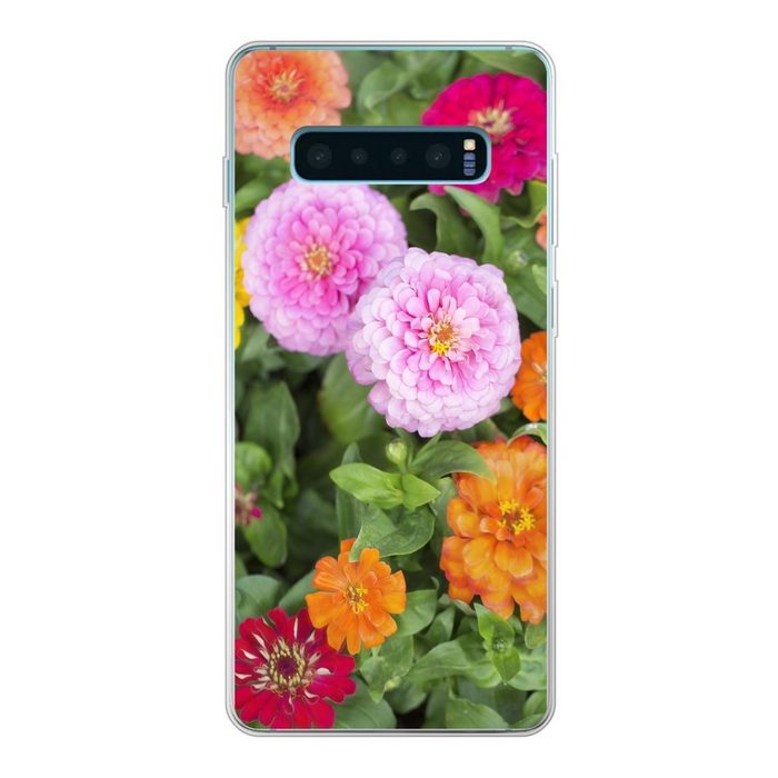 MuchoWow Handyhülle Bunte Zinnienblüten Phone Case Handyhülle Samsung Galaxy S10+ Silikon Schutzhülle