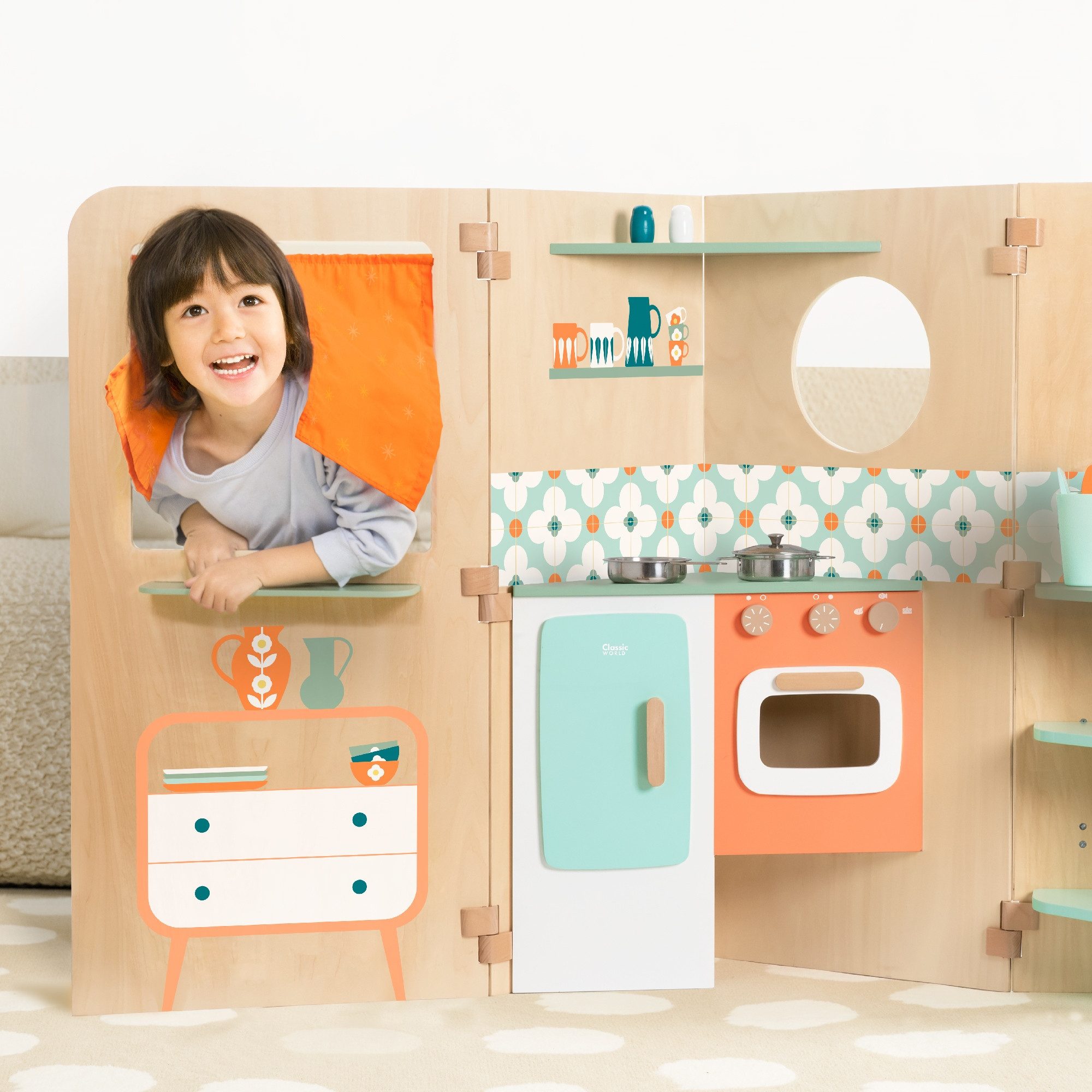 Classic World Spielküche Classic World - Mein kleines Zuhause - 140x57x90cm - ab 3 Jahre Schichtholz, Teebaumholz, MDF, aus Holz