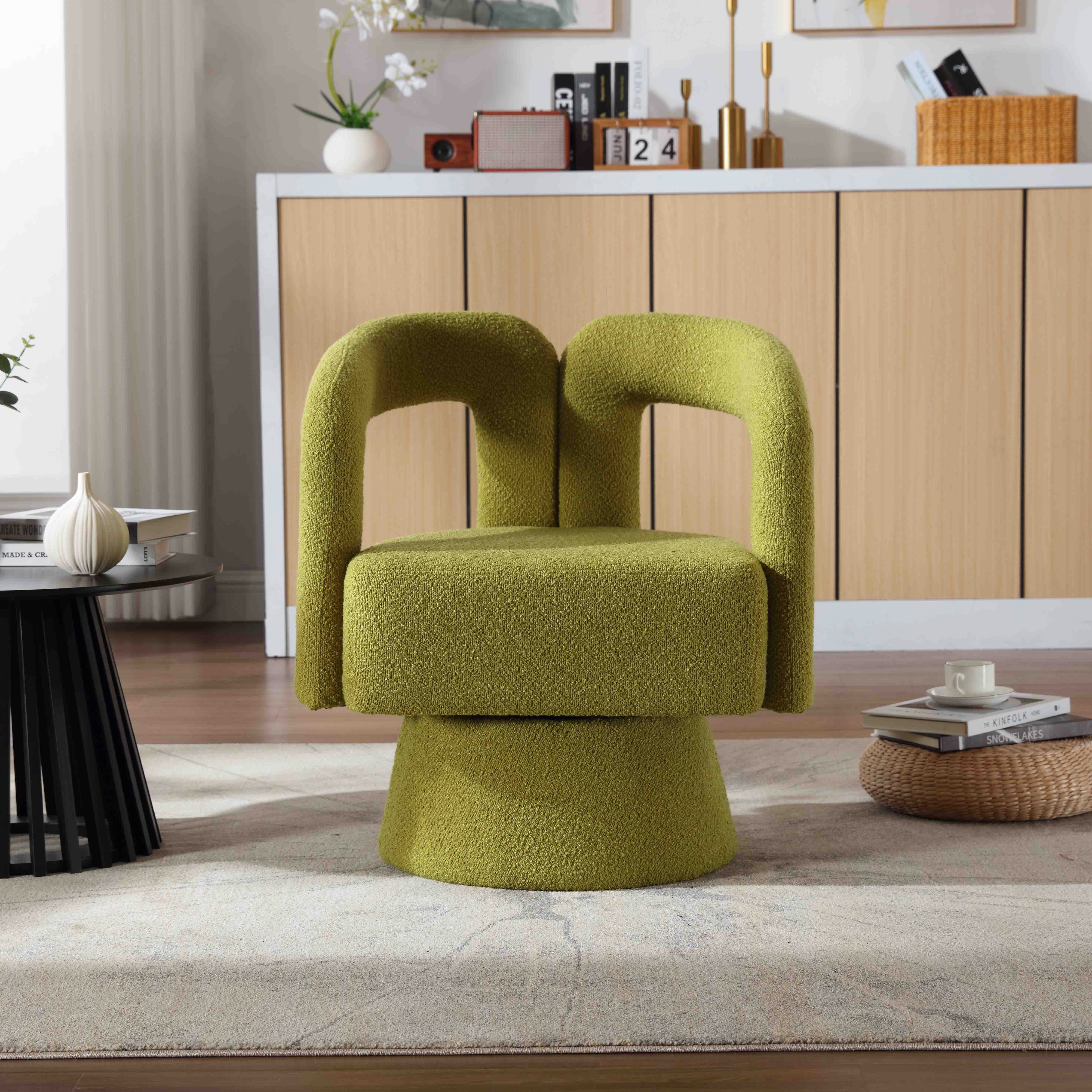 MODFU Drehstuhl 360-Grad-Schwenk-Cuddle-Fass-Akzentstühle (runde Sessel mit breiter Polsterung, flauschigem Stoffstuhl), für Wohnzimmer, Schlafzimmer, Büro, Wartezimmer.