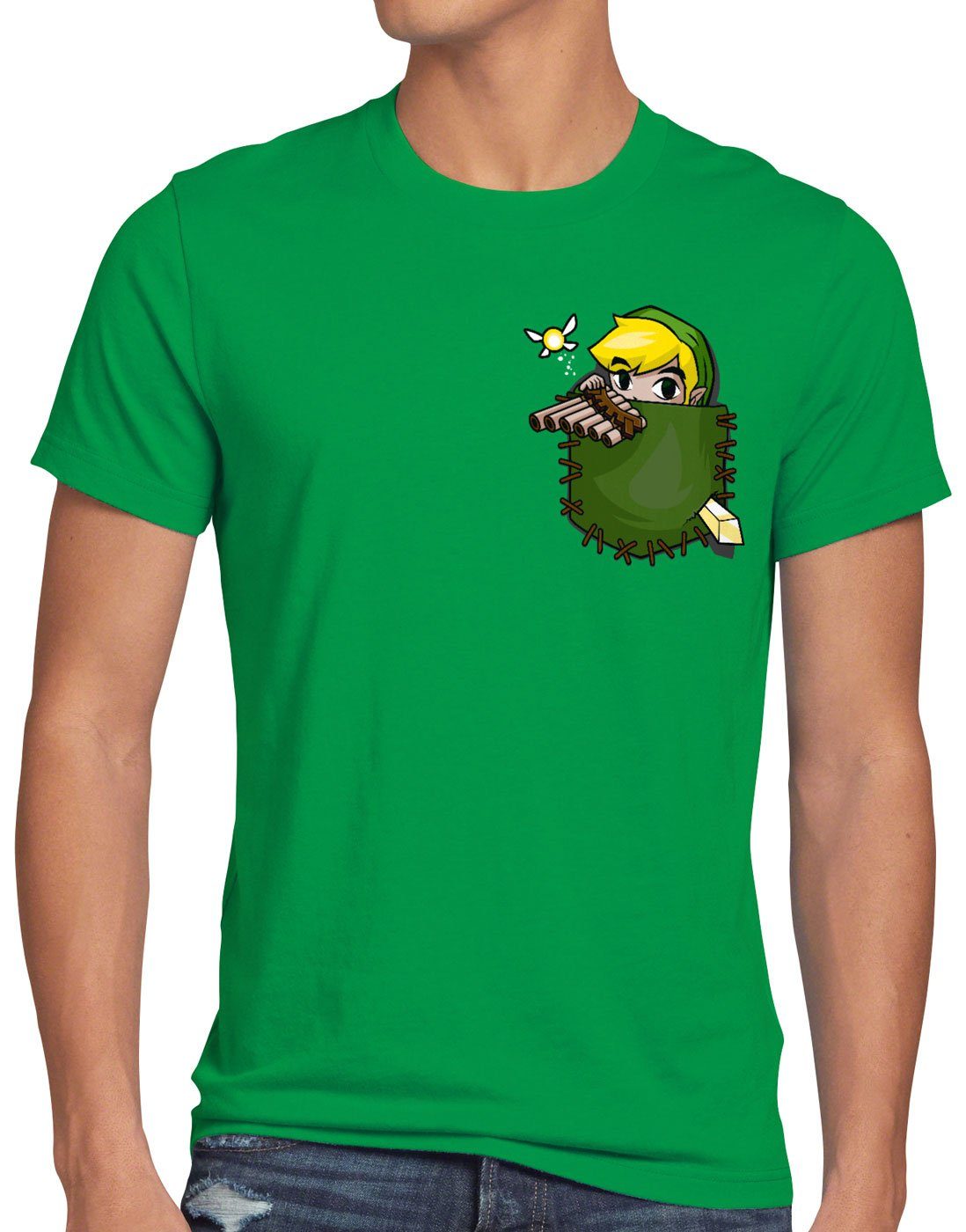 style3 Print-Shirt T-Shirt Brusttasche the ocarina breath snes switch grün Link of Herren wild