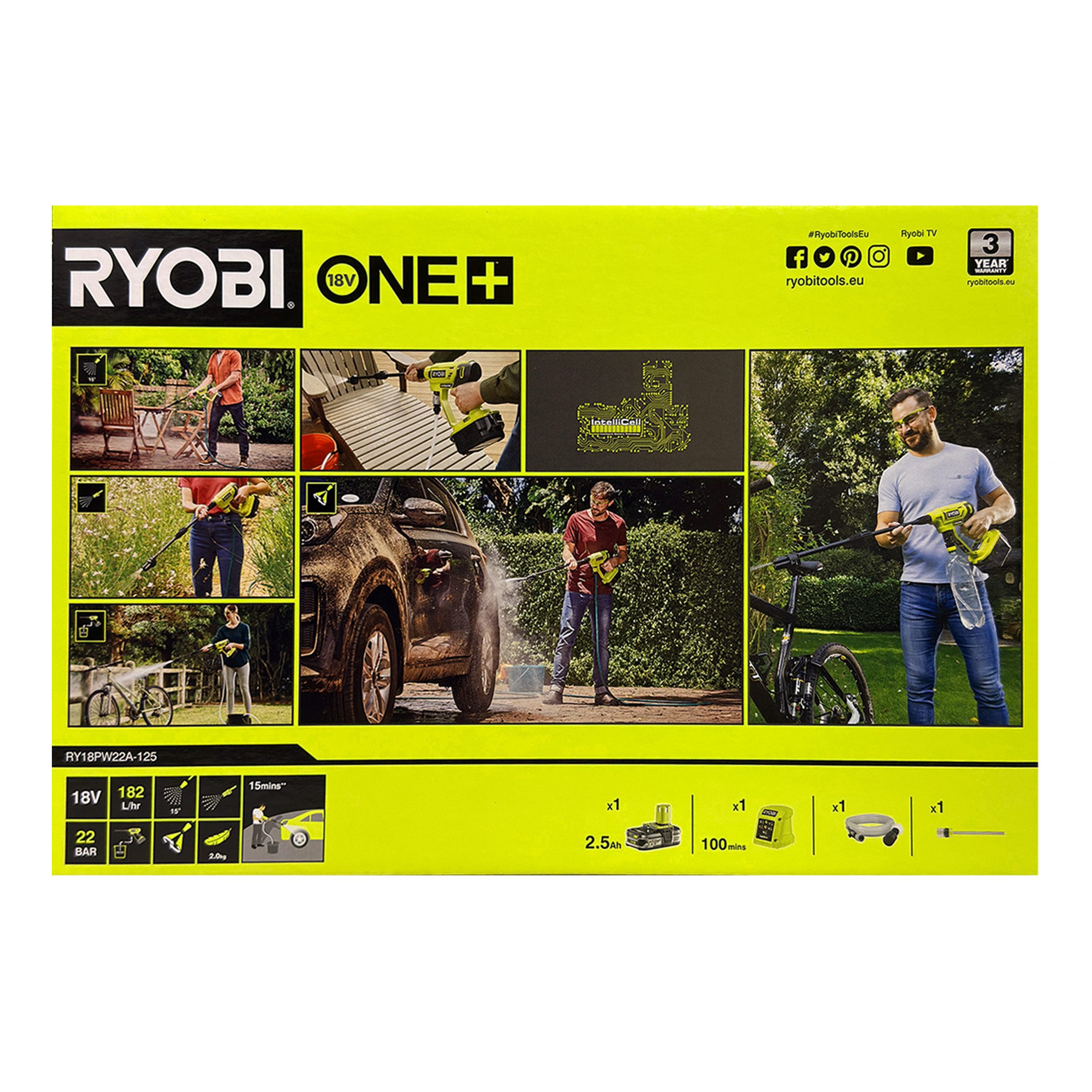 RYOBI Akku-Hochdruckreiniger Ryobi RY18PW22A-125 Hochdruckreiniger 18 V ONE+ (ohne Akku/Lader), (1 tlg)