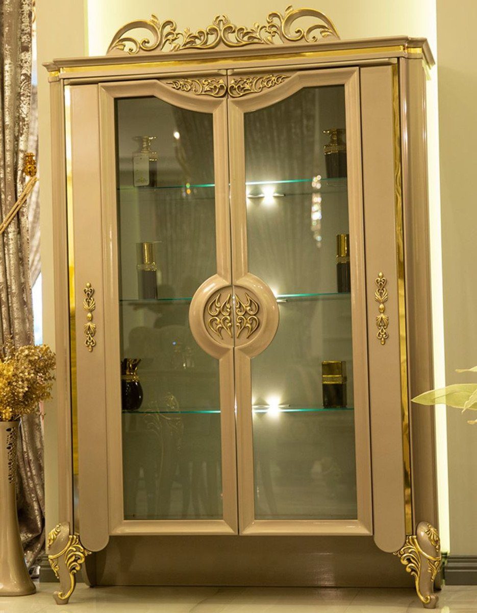 Casa Padrino Vitrine Luxus Barock Vitrine Grau / Gold 130 x 48 x H. 191 cm - Prunkvoller Vitrinenschrank mit 2 Glastüren und 3 Glasregalen - Barock Möbel