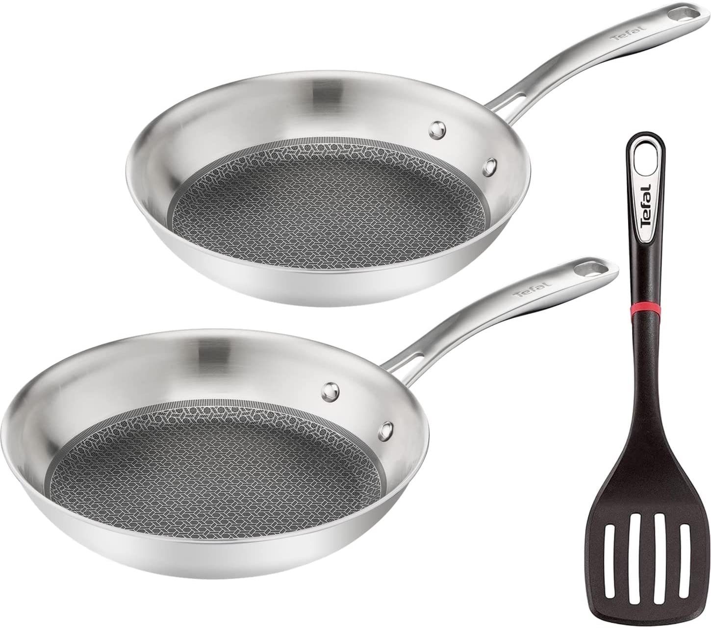 Tefal Pfannen-Set ETERNAL MESH, Induktionsherd Sie + Edelstahl Griffe, + Antihaftbeschichtung + mit Pfannenwender, Tefal-Store voll- *24 Edelstahl Antihaft Besuchen Ingenio Bratpfanne geeignet, kratzfester Mesh Genietete den 28)cm (3-tlg), Schutzgitter