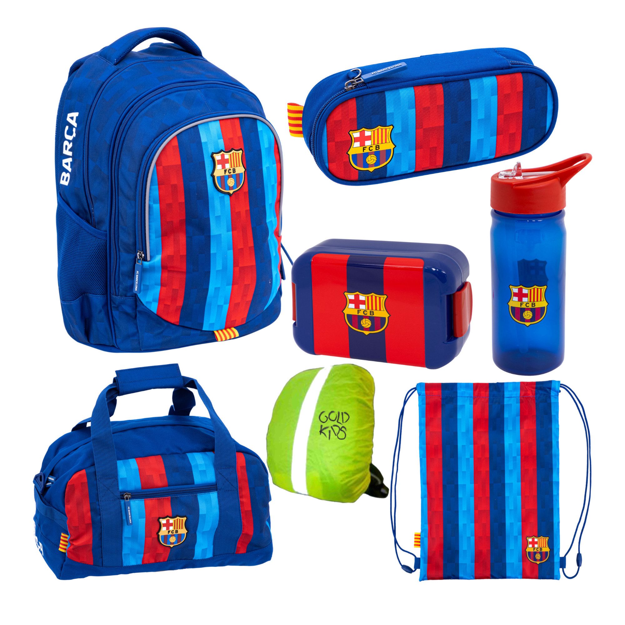 GOLDKIDS Schulranzen für Jungen und Mädchen, 7er-Set - (Schul-Rucksack für, 1-tlg., Kinder mit Schlampermäppchen), Schuhbeutel Trinkflasche und Brotdose- FC Barcelona