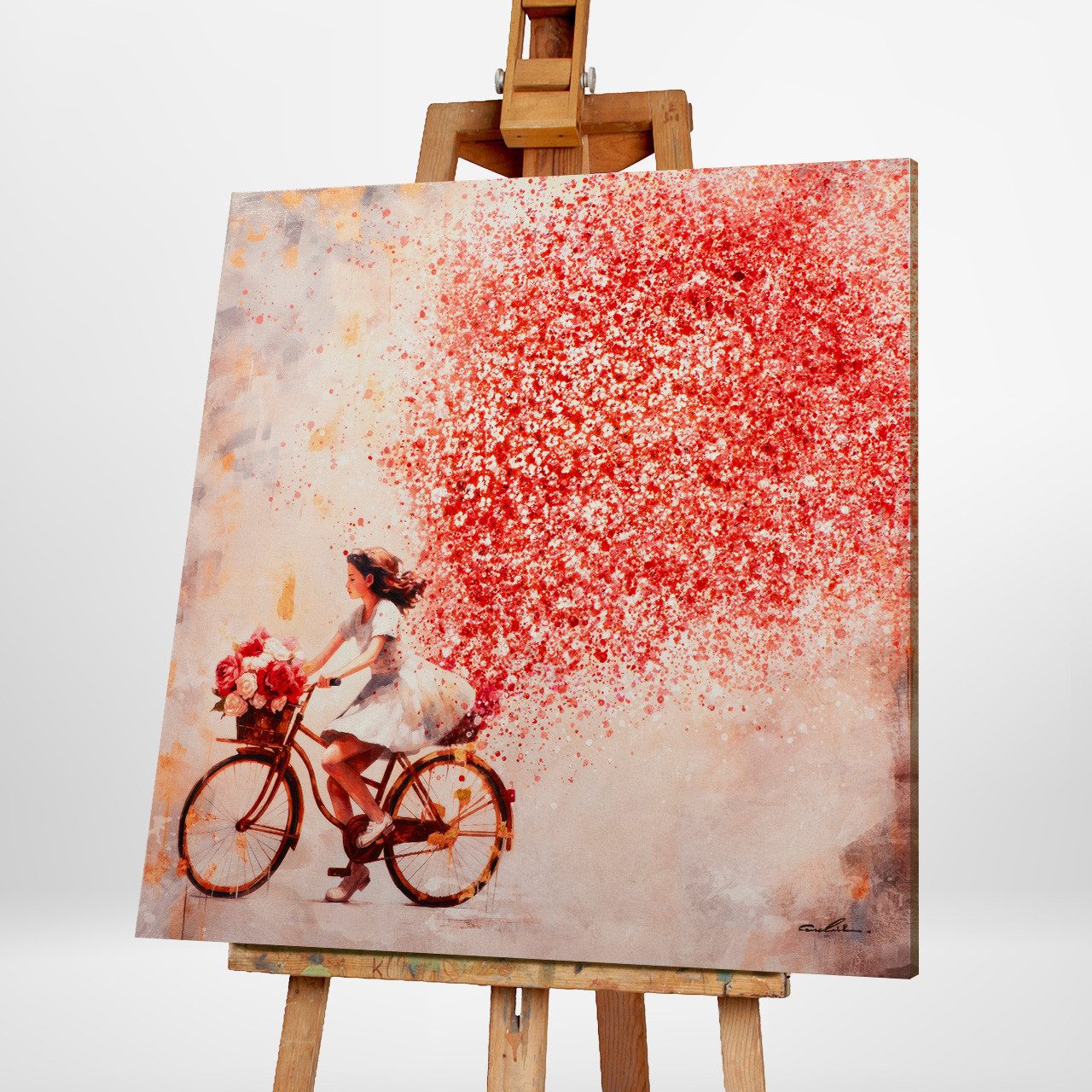 ArtUniverse Gemälde Blumenrad 100x100 cm, rotes Fahrrad