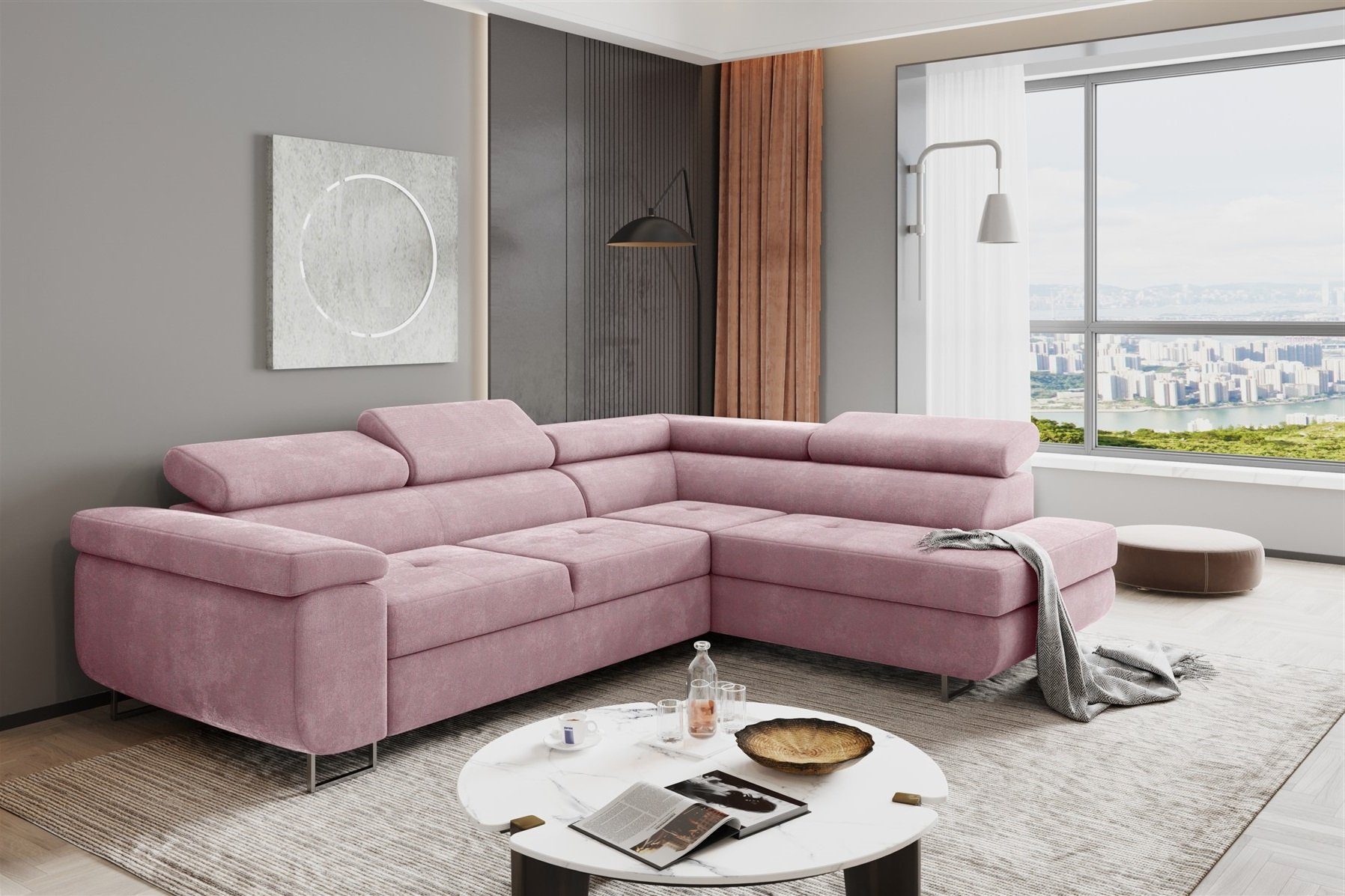 Fun Möbel Ecksofa Couchgarnitur JADE Stoff Rosa mit Schlaffunktion mane Rechts oder Links, 1 Teile, mit Schlaffunktion, mit Bettkasten, echt bezogener Rücken, 2 x Kopfteil abklappbar