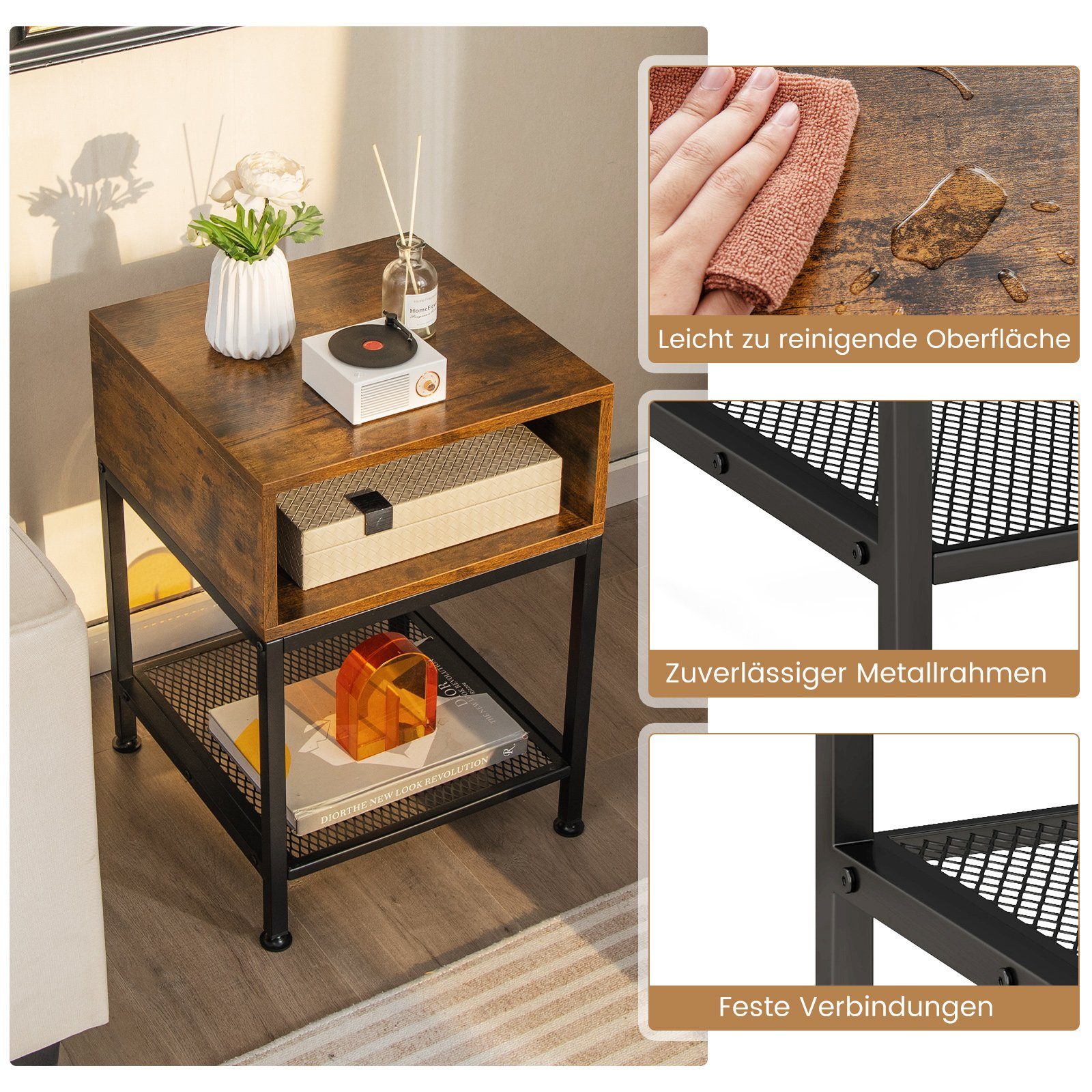 COSTWAY Beistelltisch (1-St), mit Ablagefach & Gitterablage, Metall, 40x40x57,5cm