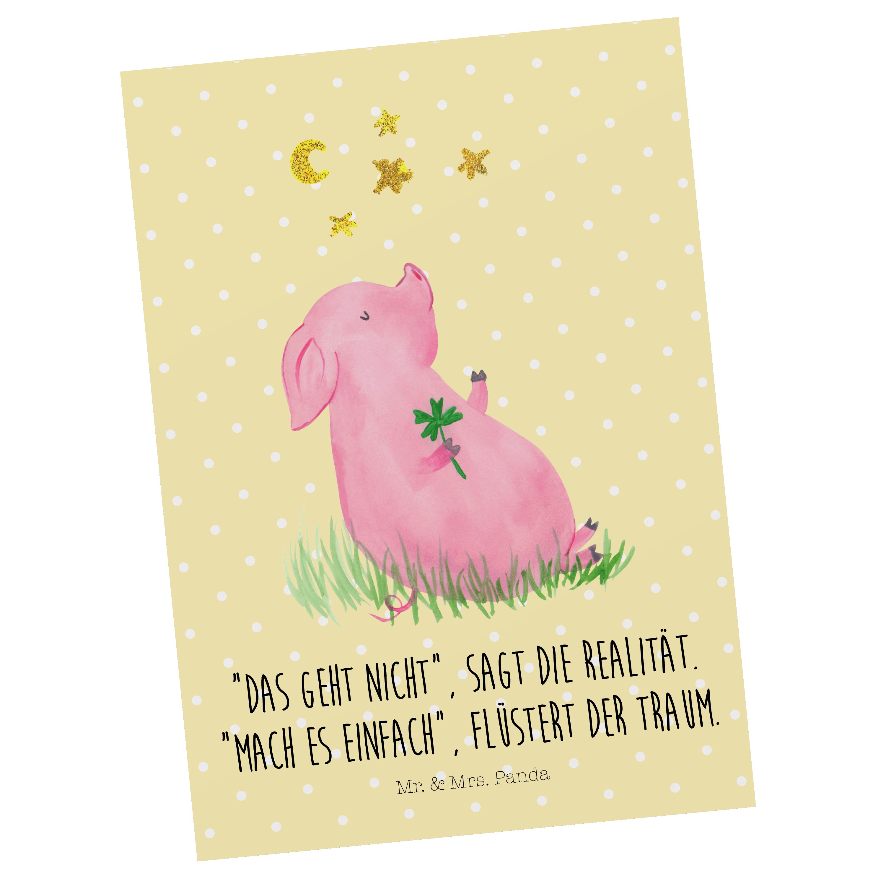 Mr. & Mrs. Panda Postkarte Glücksschwein - Gelb Pastell - Geschenk, Grußkarte, Einladungskarte