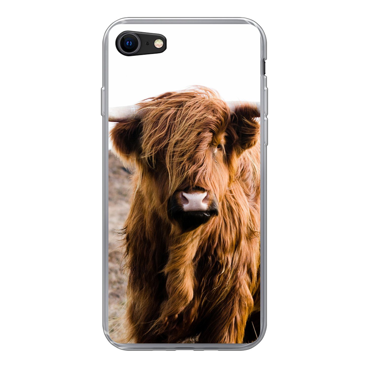 MuchoWow Handyhülle für Apple iPhone SE 2022 Schottische Highlander - Landschaft - Kuh - B, Handy Case, Silikon, Bumper Case Dünn