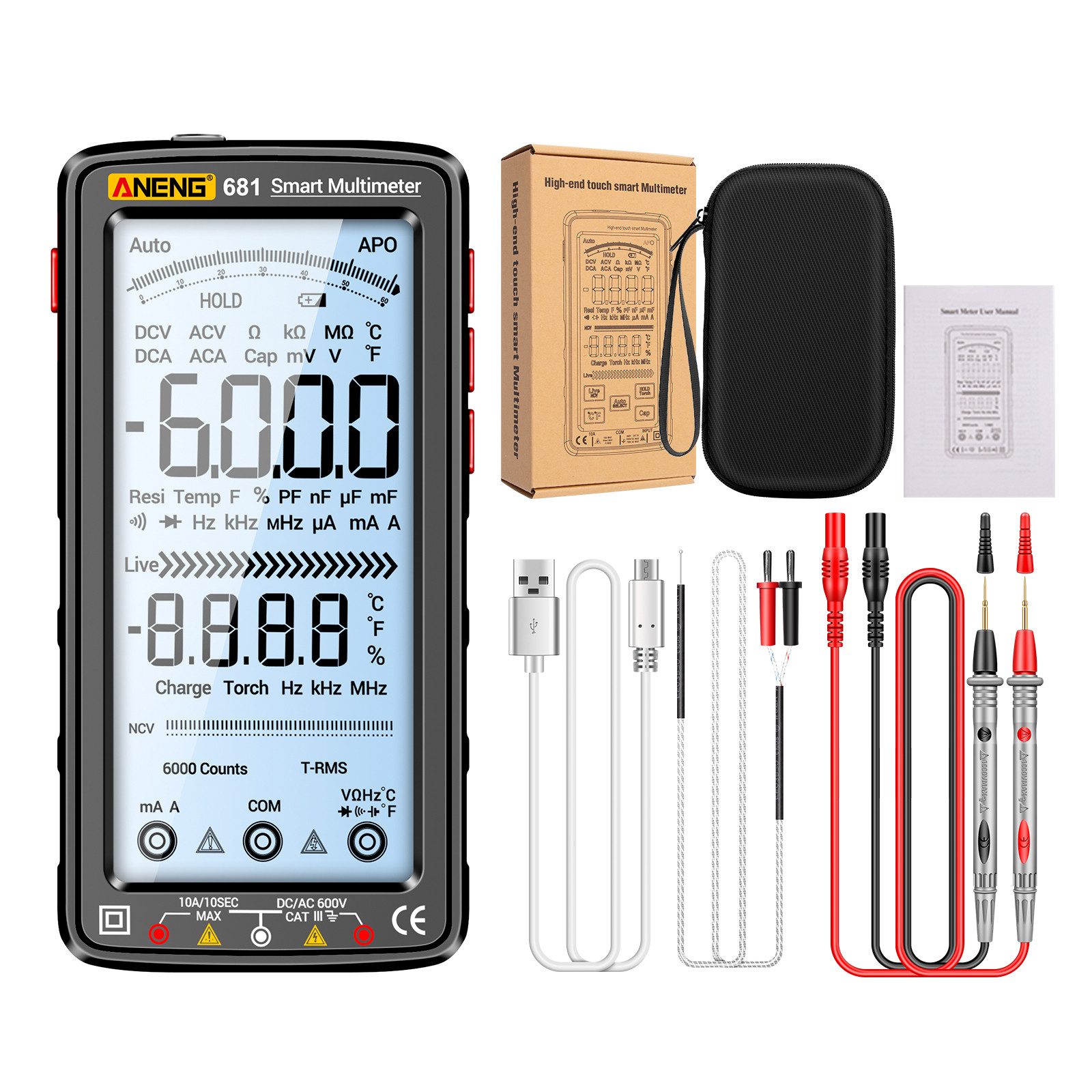 GARRYFIZH Multimeter Digital Multimeter Strommessgerät mit 6000 Counts, Intelligentes, feuerfestes Universalmessgerät NCV-Tester