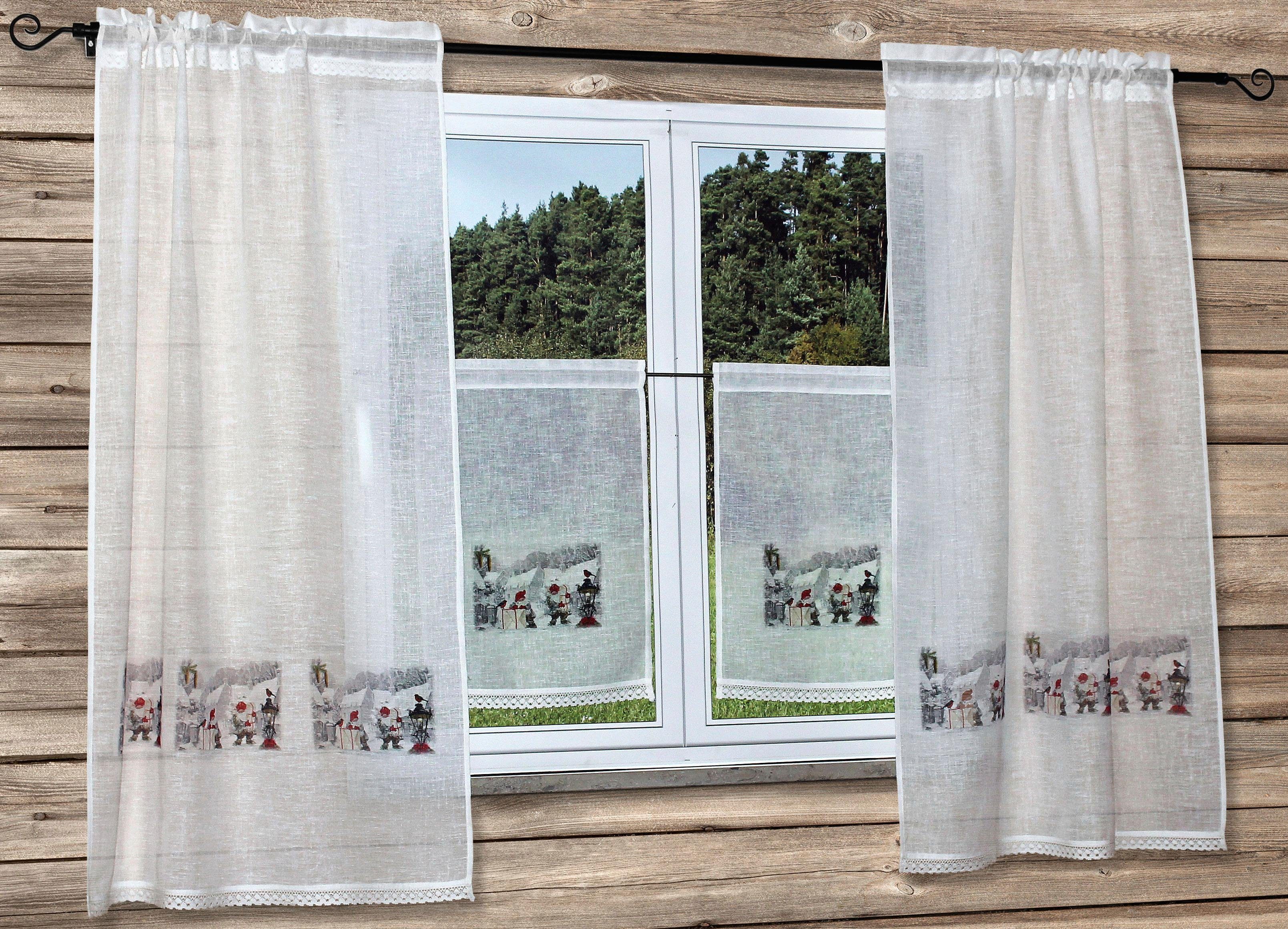 HOSSNER - ART OF HOME DECO Gardine Wichtel (1 St), Stangendurchzug, halbtransparent, weihnachtlicher Landhaus-Look