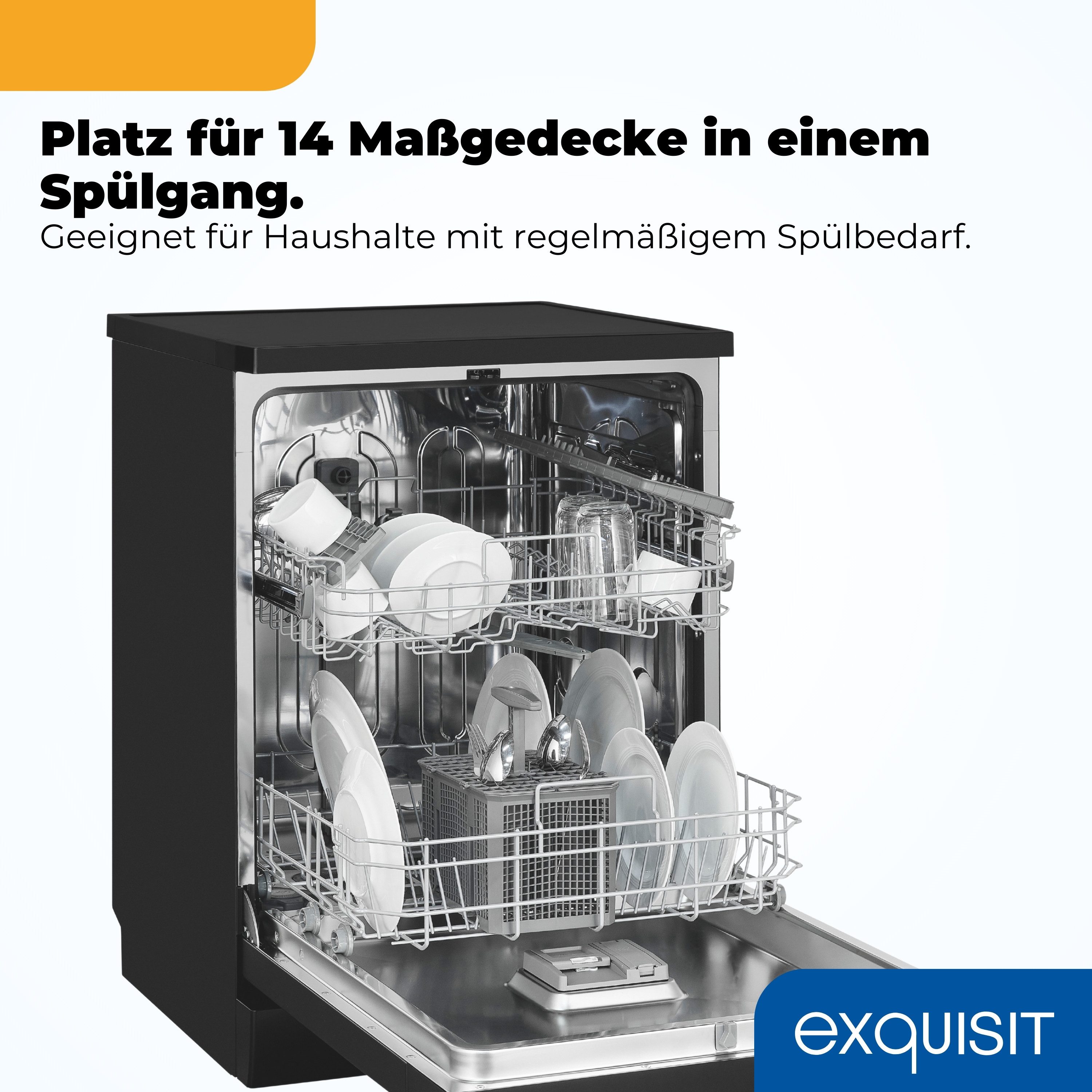 exquisit Standgeschirrspüler GSP9114-450D, 14 Maßgedecke, Edelstahl Innenbehälter, Energieklasse D, 49 dB Geräuschklasse C – Bild 5 von 5