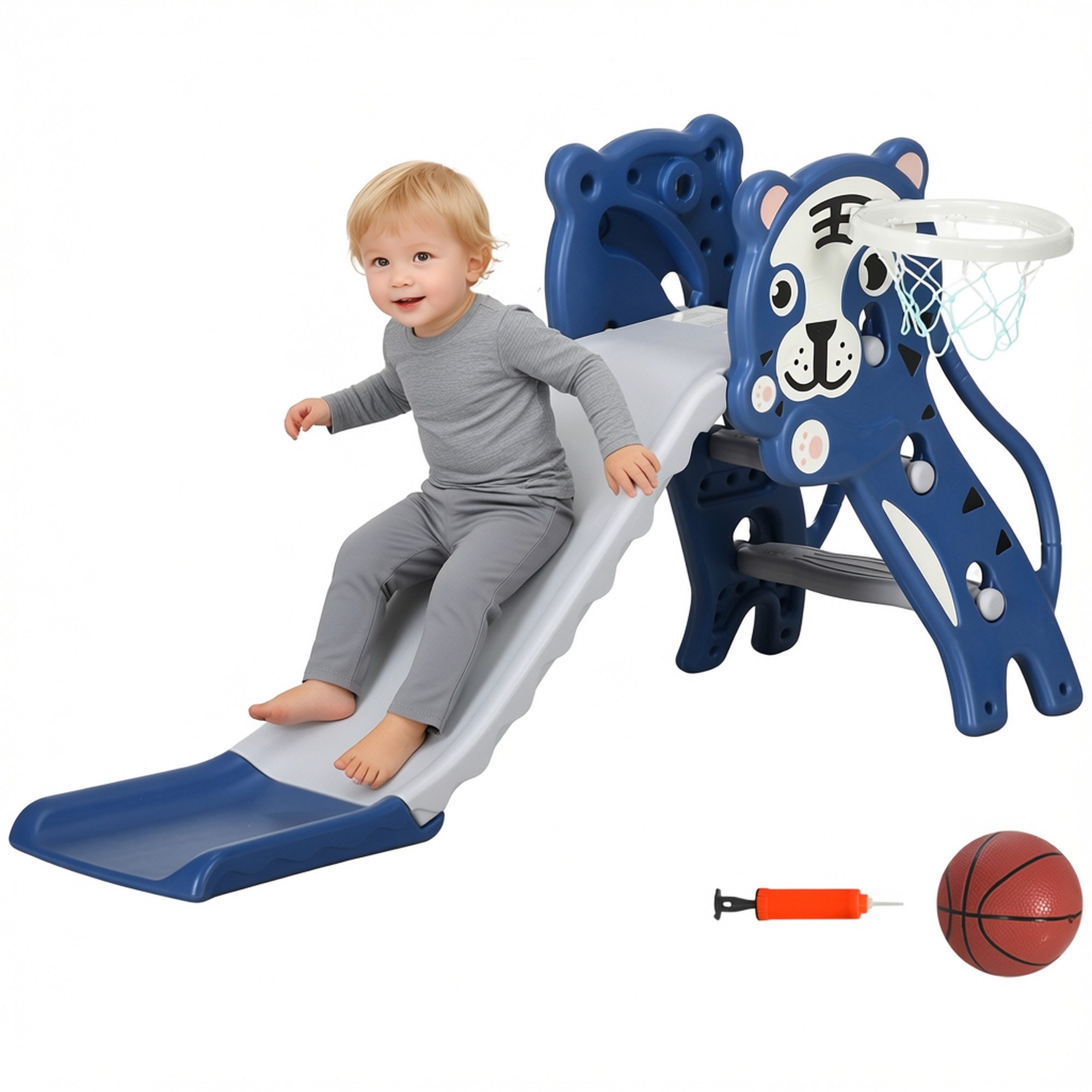 AIYAPLAY Rutsche 3 in 1 Kinderrutsche mit Klettergerüst Basketballkorb, (Set, 1-tlg., Kleinkindrutsche), für Kleinkinder 18-36 Monaten, Blau