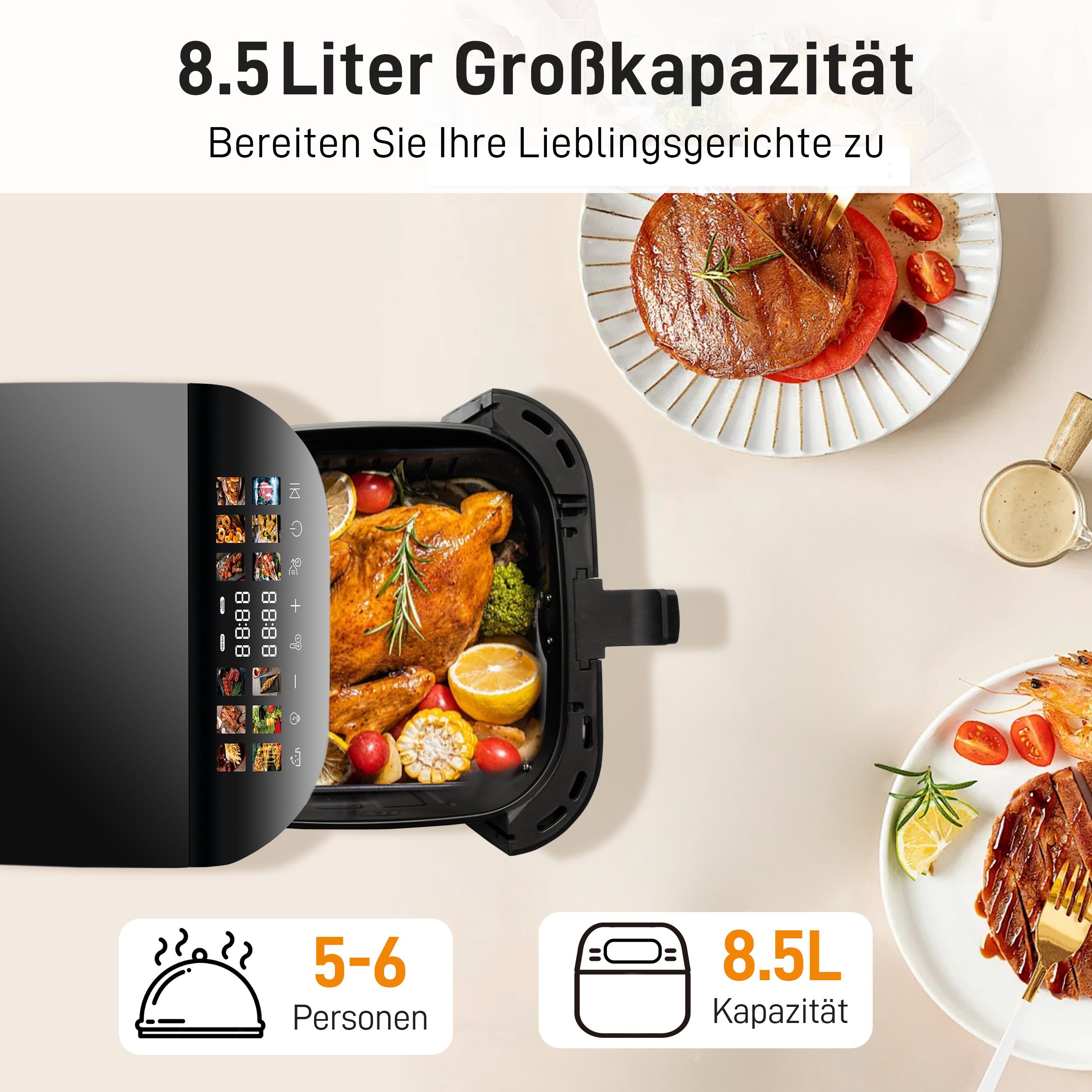 Sinaopus Heißluftfritteuse 8,5 L XXL Airfryer mit LED-Farbdisplay, großem Sichtfenster, 1800,00 W, 12 Automatikprogrammen und 1800 W Leistung