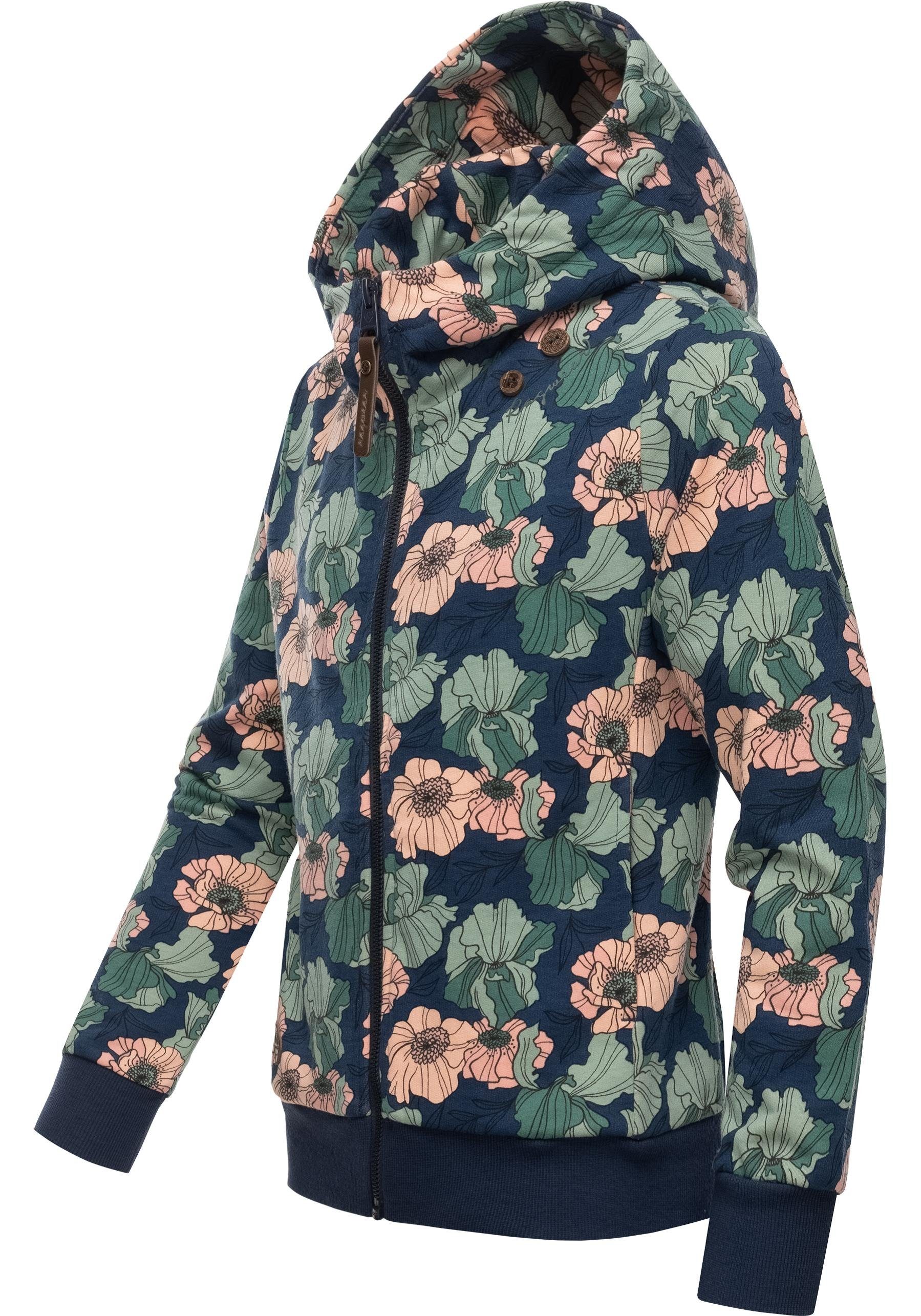Ragwear Kapuzensweatjacke Agneska Zip-Jacke Stylische navy Mädchen mit Freesia Blumenmuster