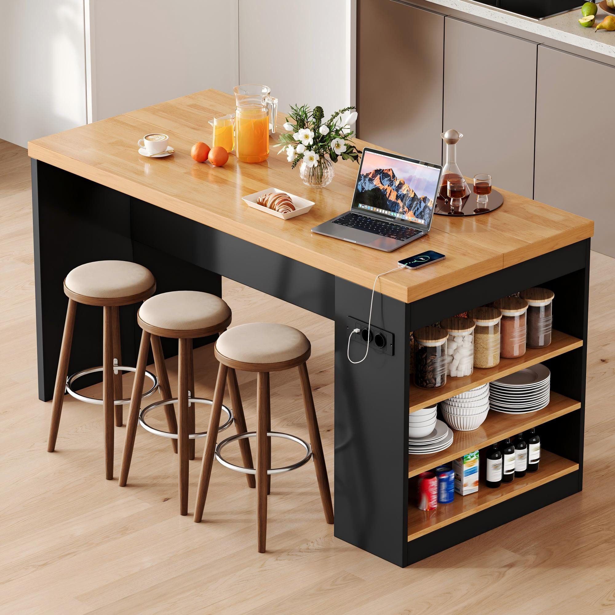 Flieks Kücheninsel mit Arbeitsplatte, LED-Beleuchtung, Steckdose,3 offenen Seitenablagen, (155x80x90 cm, Mehrzweckschrank mit 2xAC+2xUSB), multifunktional Küchenschrank mit Ladenfunktion, Holzoptik & Schwarz