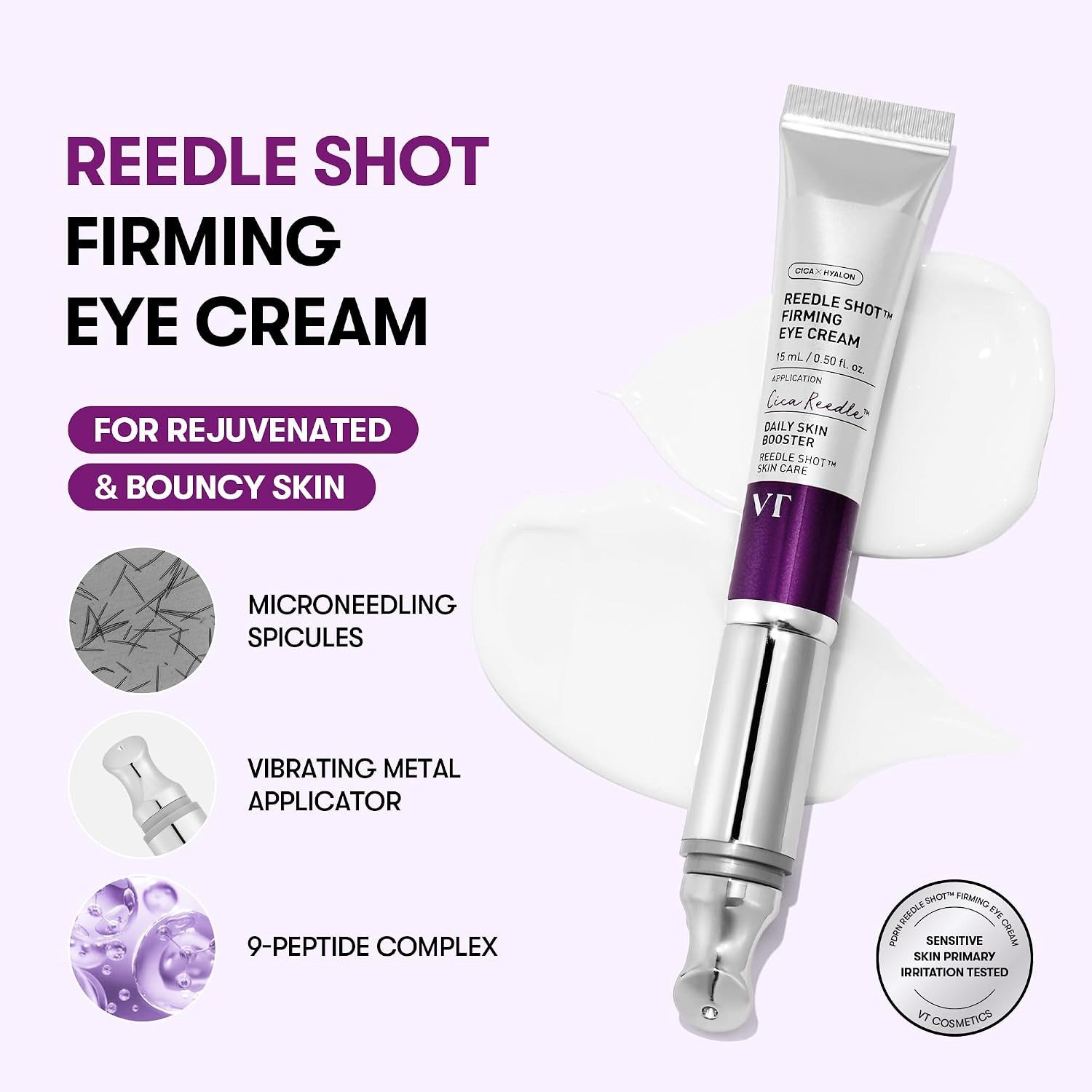 VT Cosmetics Anti-Aging-Augencreme Reedle Shot Lifting Eye Cream 15 ml - Augencreme mit Collagen, Vibrierender Kühlapplikator, cica reedle technologie, peptid-komplex, kollagen-extrakt