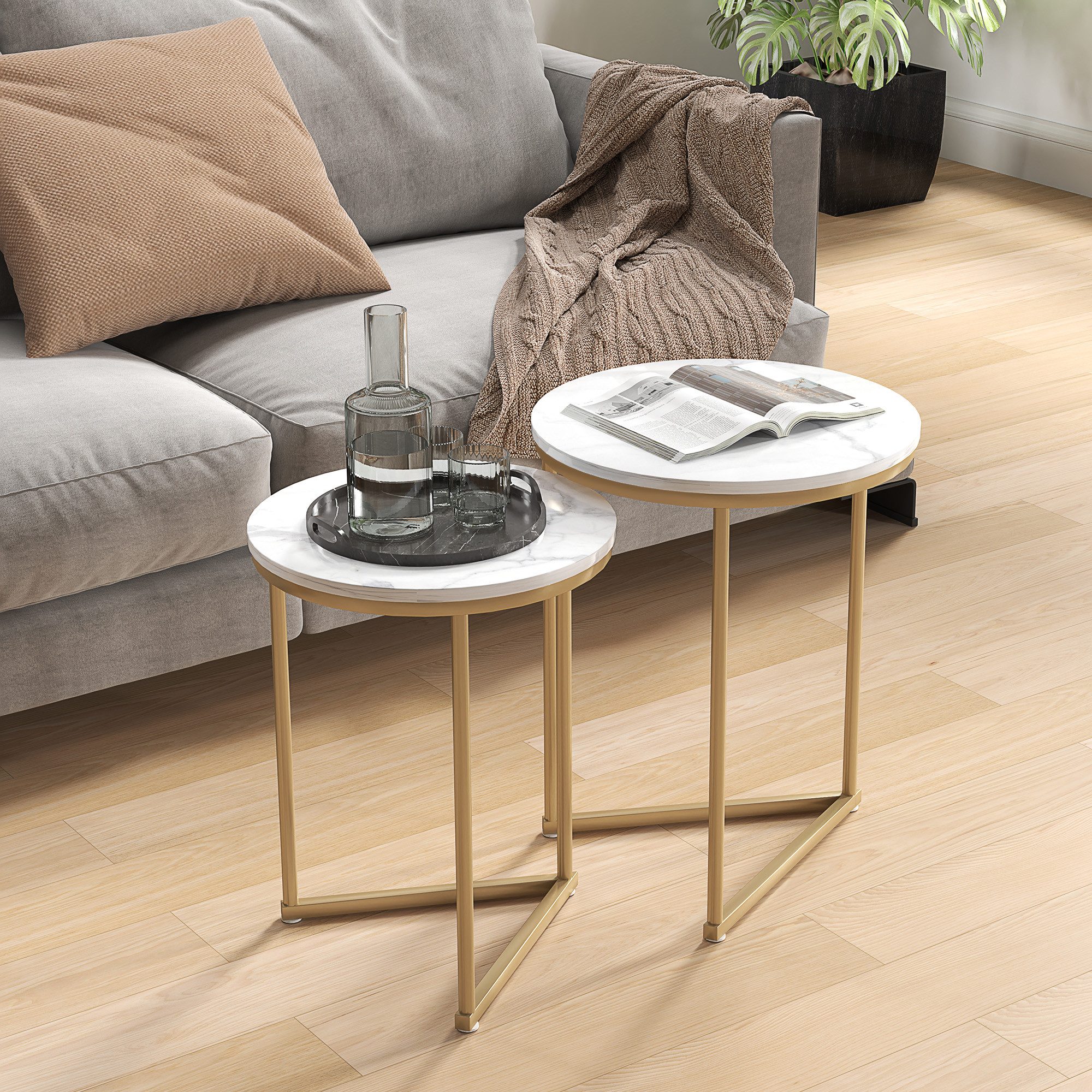 HOMCOM Beistelltisch Runder Sofatisch mit Metallgestell (Set, 2-St., 2er-Set), 2er-Set, ineinander schiebbar, Marmoroptik