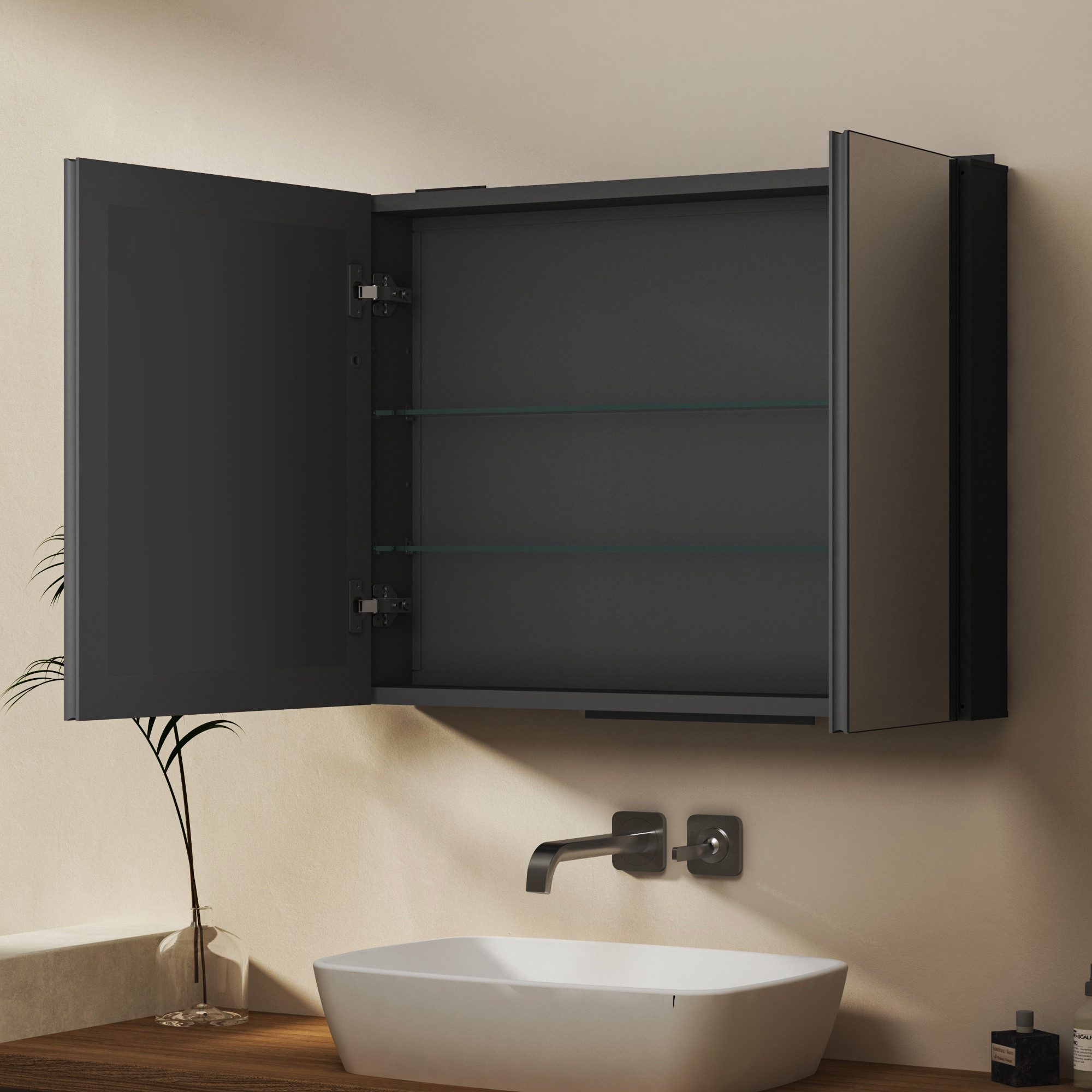 WDWRITTI Spiegelschrank Alu Metall Badezimmerspiegelschrank 2 türig Eckig (Badschrank Hängeschrank Schwarz, 81,3 x 12,5 x 61,1 cm) vormontiert geliefert, Wandbohrungen