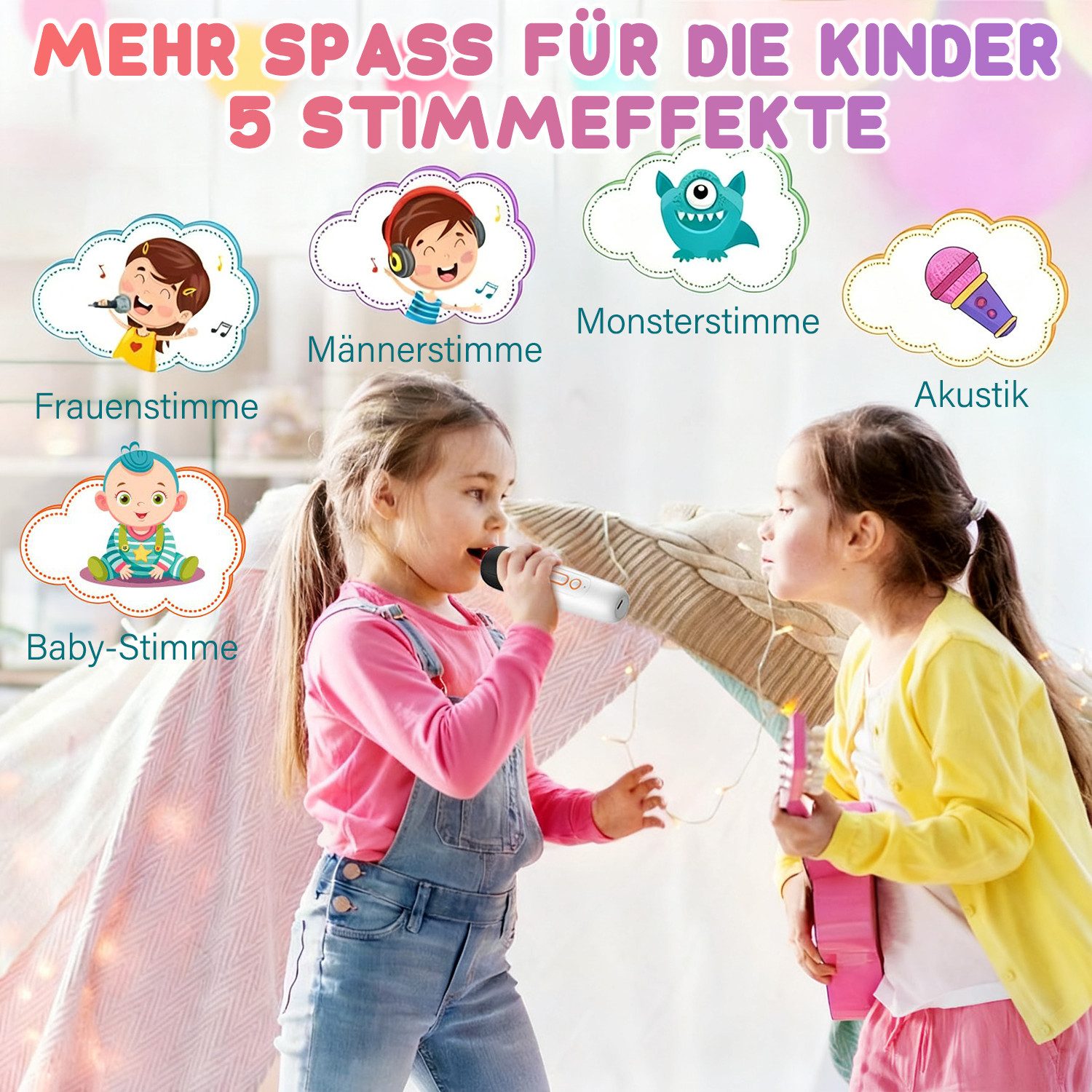 MOPUEA Mini Karaoke Maschine mit 2 Kabellosen Mikrofonen Karaoke-Anlage Bluetooth-Lautsprecher (5 W, mit LED Lichteffekt, USB-Ladung,Geburtstags- und Urlaubsges – Bild 5 von 5