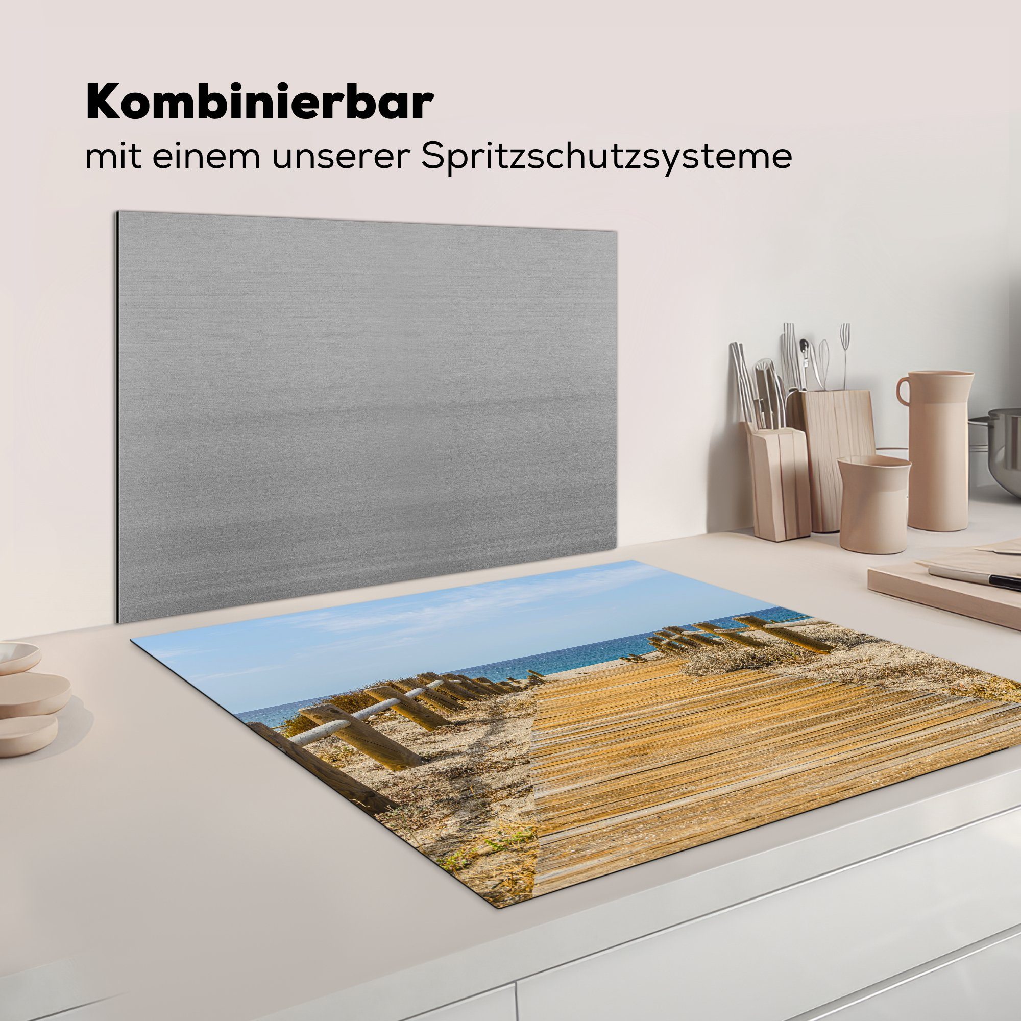 MuchoWow Herdblende-/Abdeckplatte Strand - tlg), Weg, für Ceranfeldabdeckung, (1 Arbeitsplatte - küche 78x78 Meer Vinyl, cm