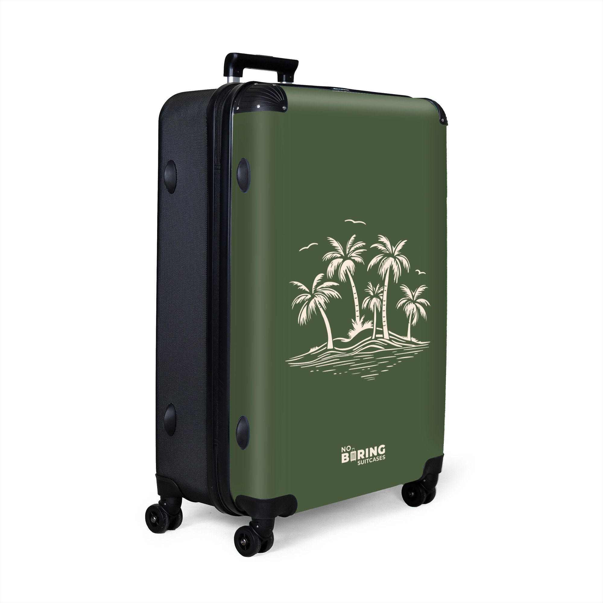 NoBoringSuitcases.com© Hartschalen-Trolley Grün mit beigen Palmen günstig online kaufen