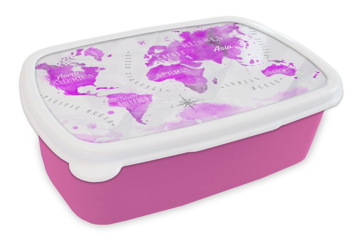 MuchoWow Lunchbox Weltkarte - Rosa - Ölfarbe, Kunststoff, (2-tlg), Brotbox für Erwachsene, Brotdose Kinder, Snackbox, Mädchen, Kunststoff