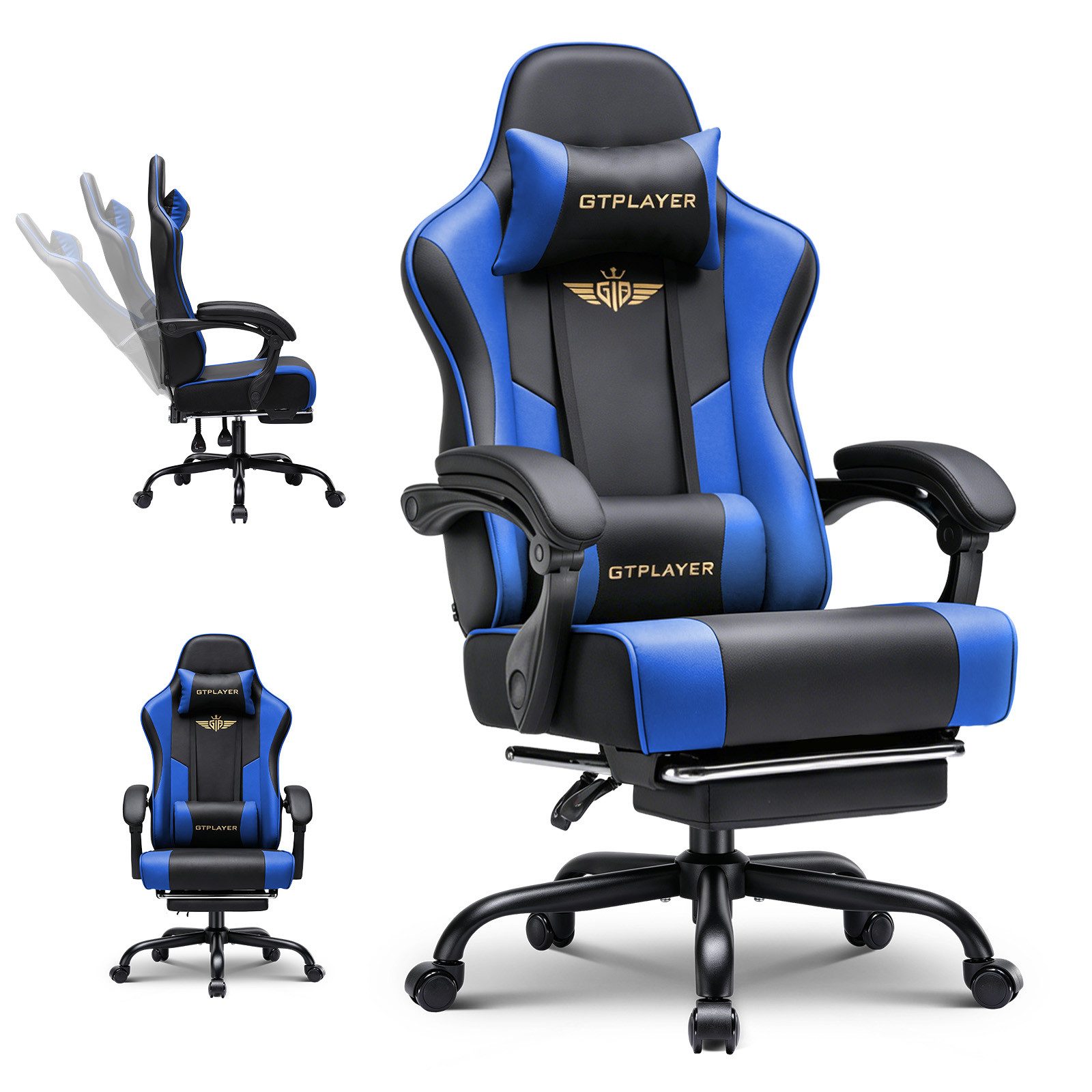 GTPLAYER Gaming-Stuhl Gaming Stuhl Chair Gamer Sessel - Ergonomischer Gamer Stuhl, mit Fußstütze Kopfstütze und Lordosenstütz 180kg