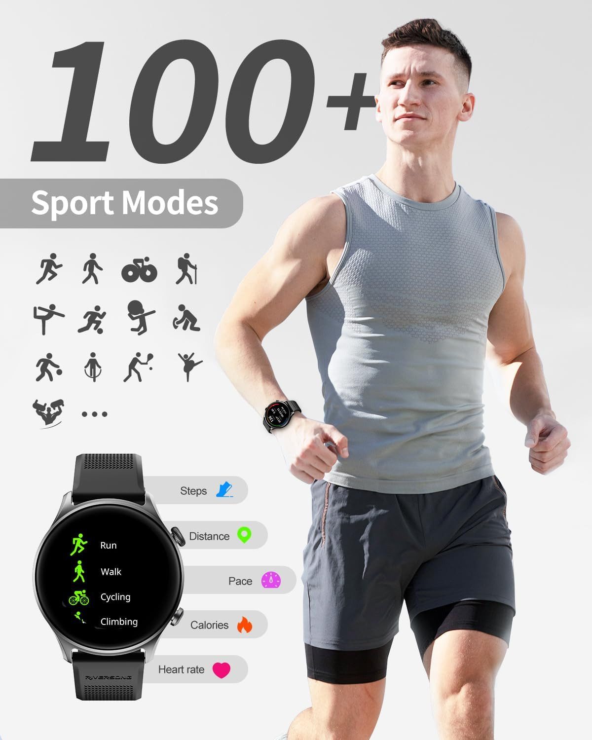 RIVERSONG Motive 7C Smartwatch (3,8 cm, android ios), Smartwatch mit Anruf Funktion Fitness Tracking und 1,52 Zoll Display