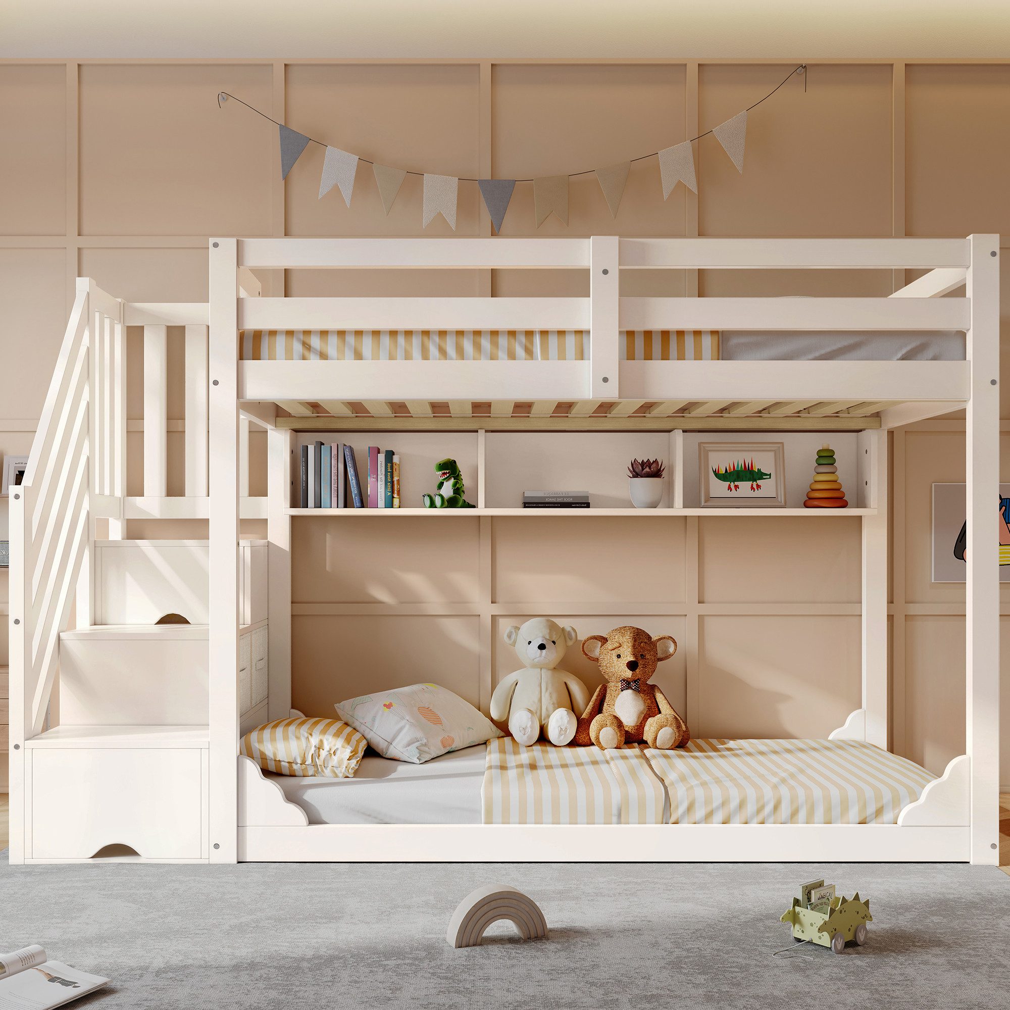 OKWISH Hochbett Bett 90x200 cm mit Treppenschrank und Stauraum, weiß (Etagenbett, 1-St., für Geschwister mit Sicherheitsgeländer und Ablagefächern) platzsparendes Holz Kinderbett (ohne Matratze)