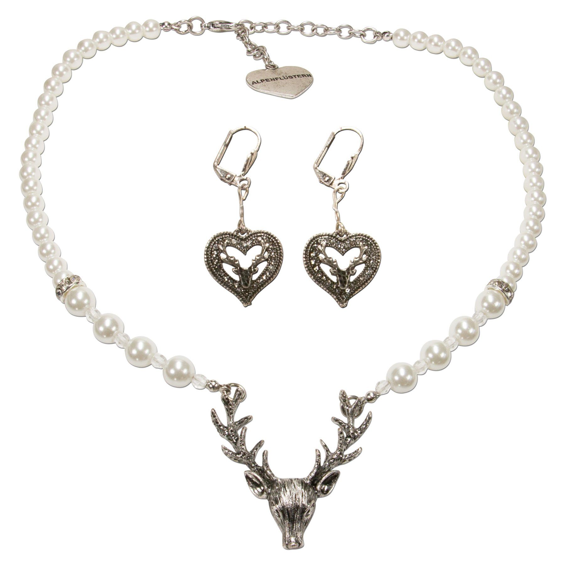 Ketten-Set Trachtenschmuck-Set Trachtenohrhänger Strassherz und Perlen-Trachtenkette Hirsch (creme-weiß)