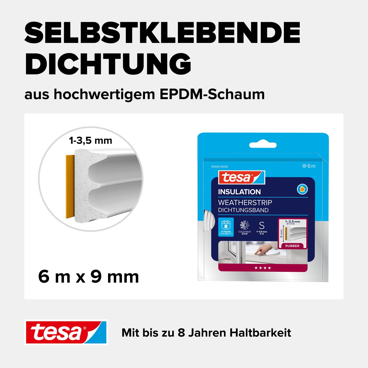 tesa Dichtungsband INSULATION Dichtungsband S -Selbstklebende Gummidichtung, (Packung, 1-St., Dichtungsband S weiß - 6 m x 9 mm x 4 mm), zum Isolieren von Spalt – Bild 4 von 5