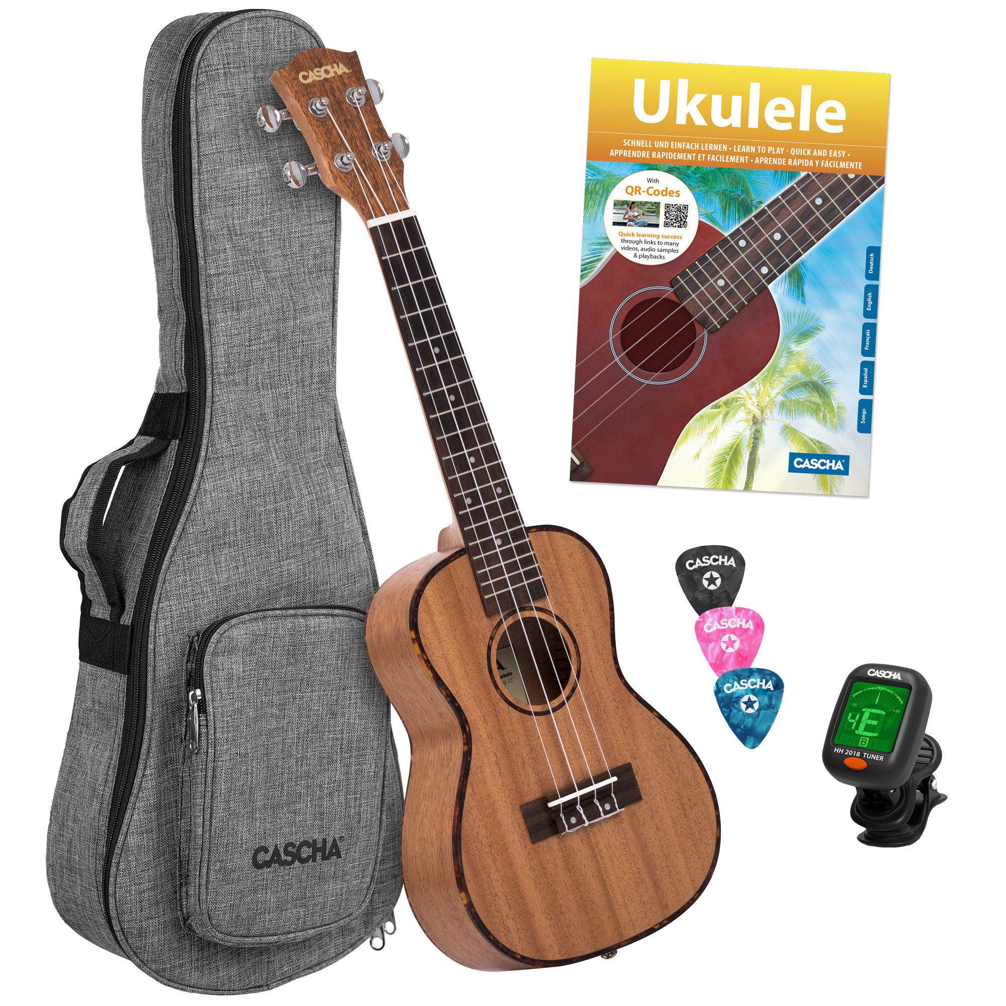 Cascha Ukulele Cascha HH2036 Premium Mahagoni Konzert Ukulele Bundle, Bundle, inkl. Tasche, Lehrbuch, Stimmgerät und 3 Plektren