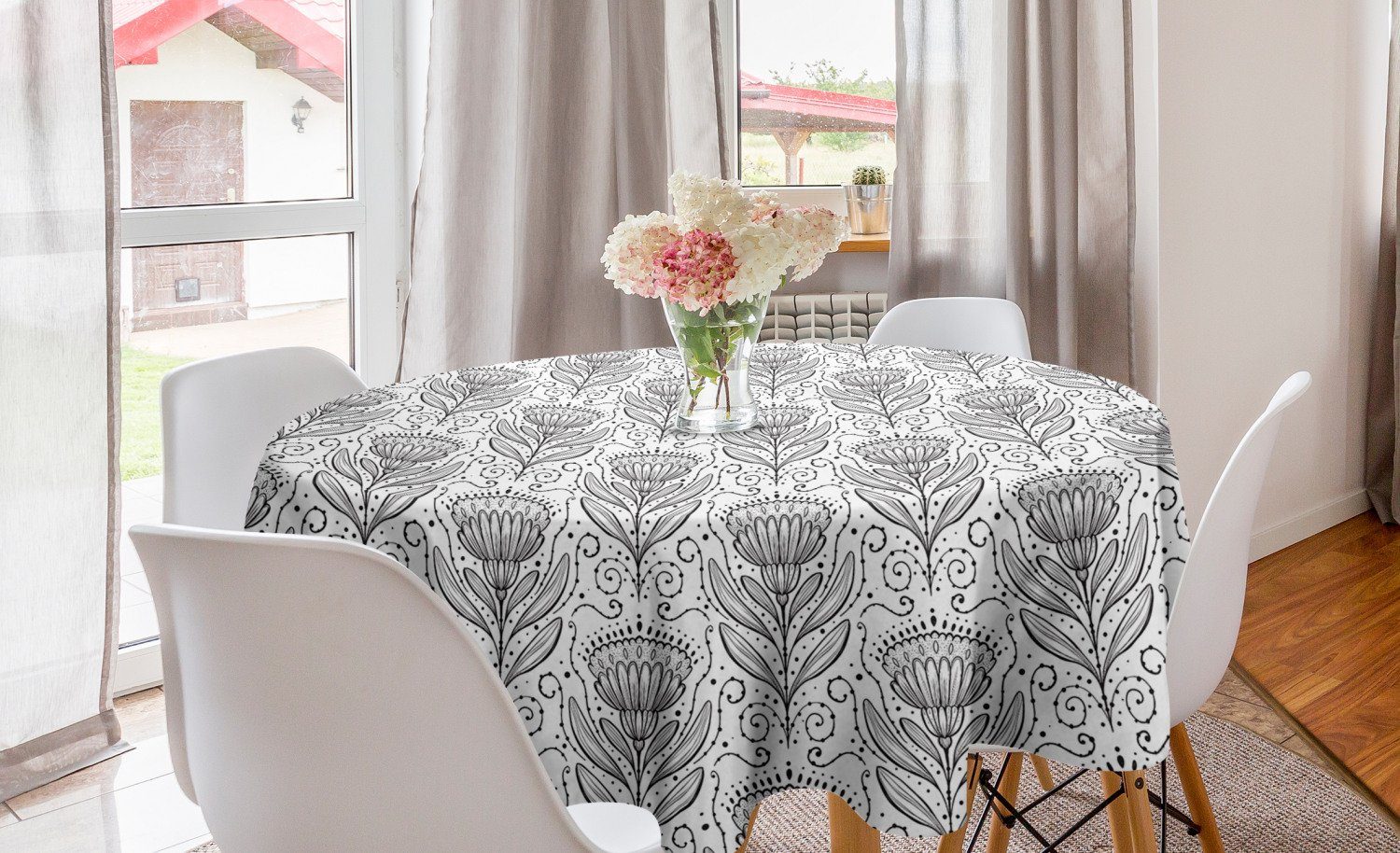 Abakuhaus Tischdecke Kreis Tischdecke Abdeckung für Esszimmer Küche Dekoration, Abstrakt Achromatic Blumen-Muster