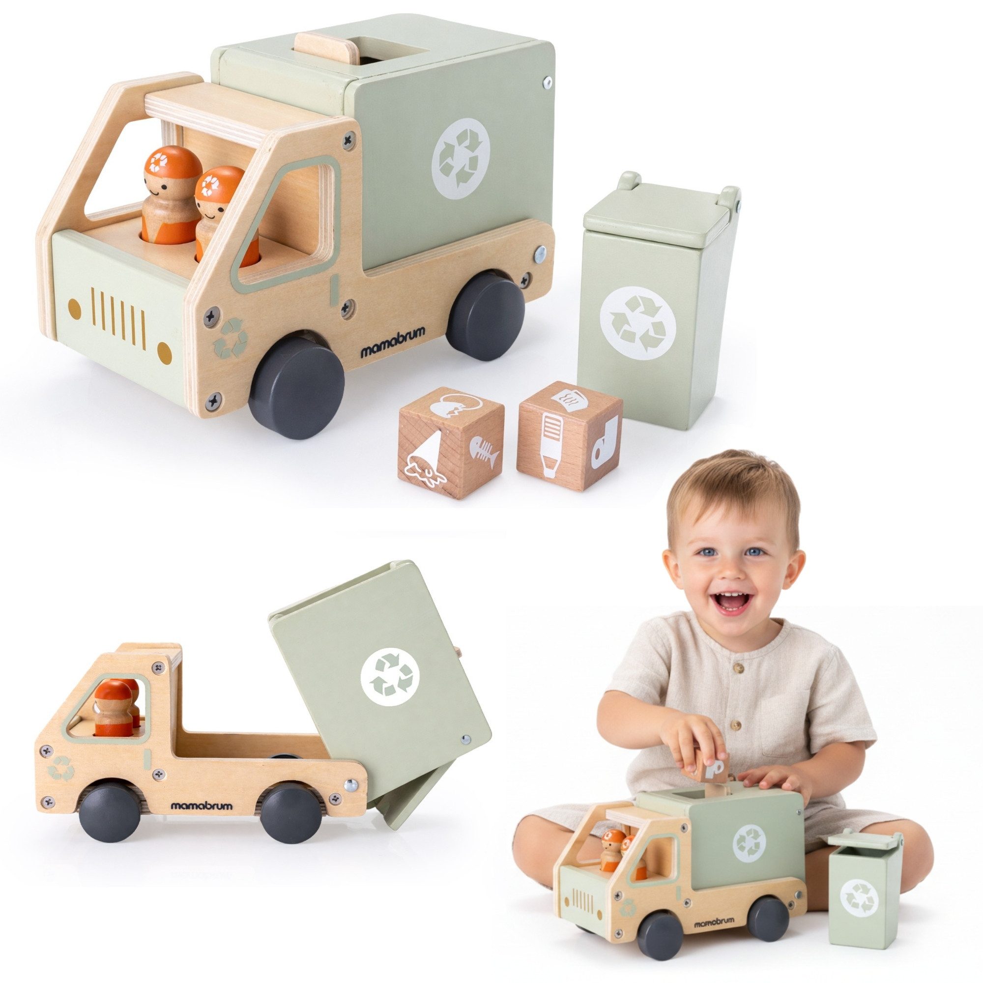 Mamabrum Spielzeug-Auto Mamabrum Müllauto Holz Recycling LKW mit Zubehör Kinder