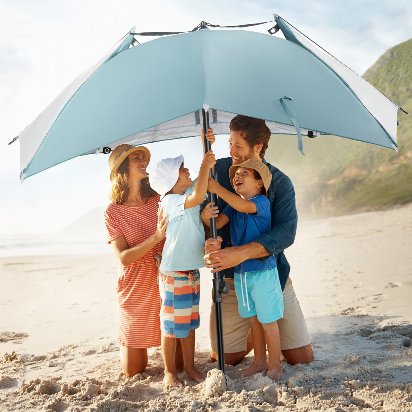 HOMECALL Strandmuschel mit umbrella system UV-resistentes 50+ Khaki, Umfunktionieren zum Sonnenschirm Strandschirm, für 2-3 Personen