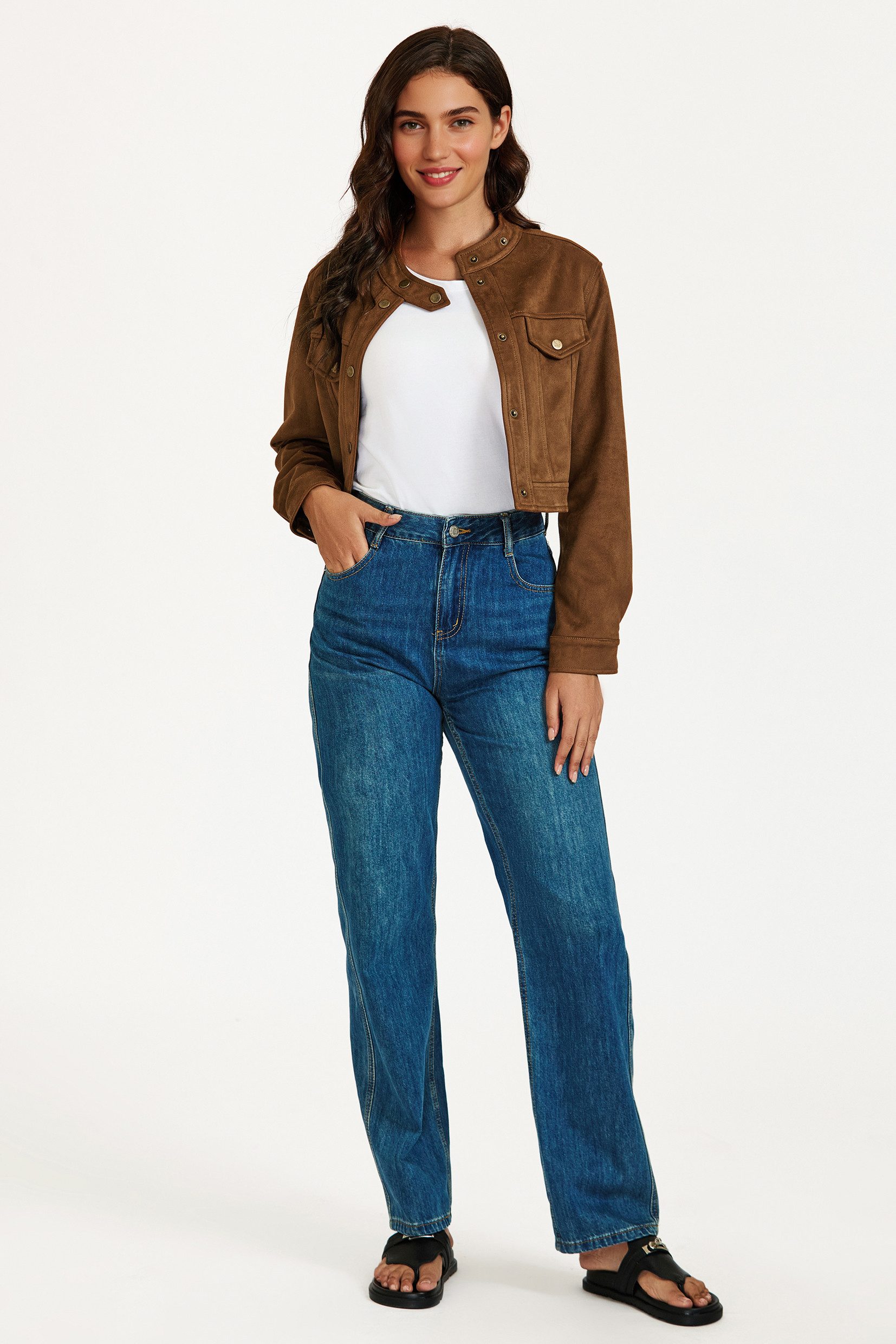 FS Collection Lederimitatjacke Damen Kunstlederjacke in Camel -Cropped Kurzjacke aus Lederimitatjacke (Größen: S, M, L, XL) 96,3 % Polyester, 3,7 % Elasthan