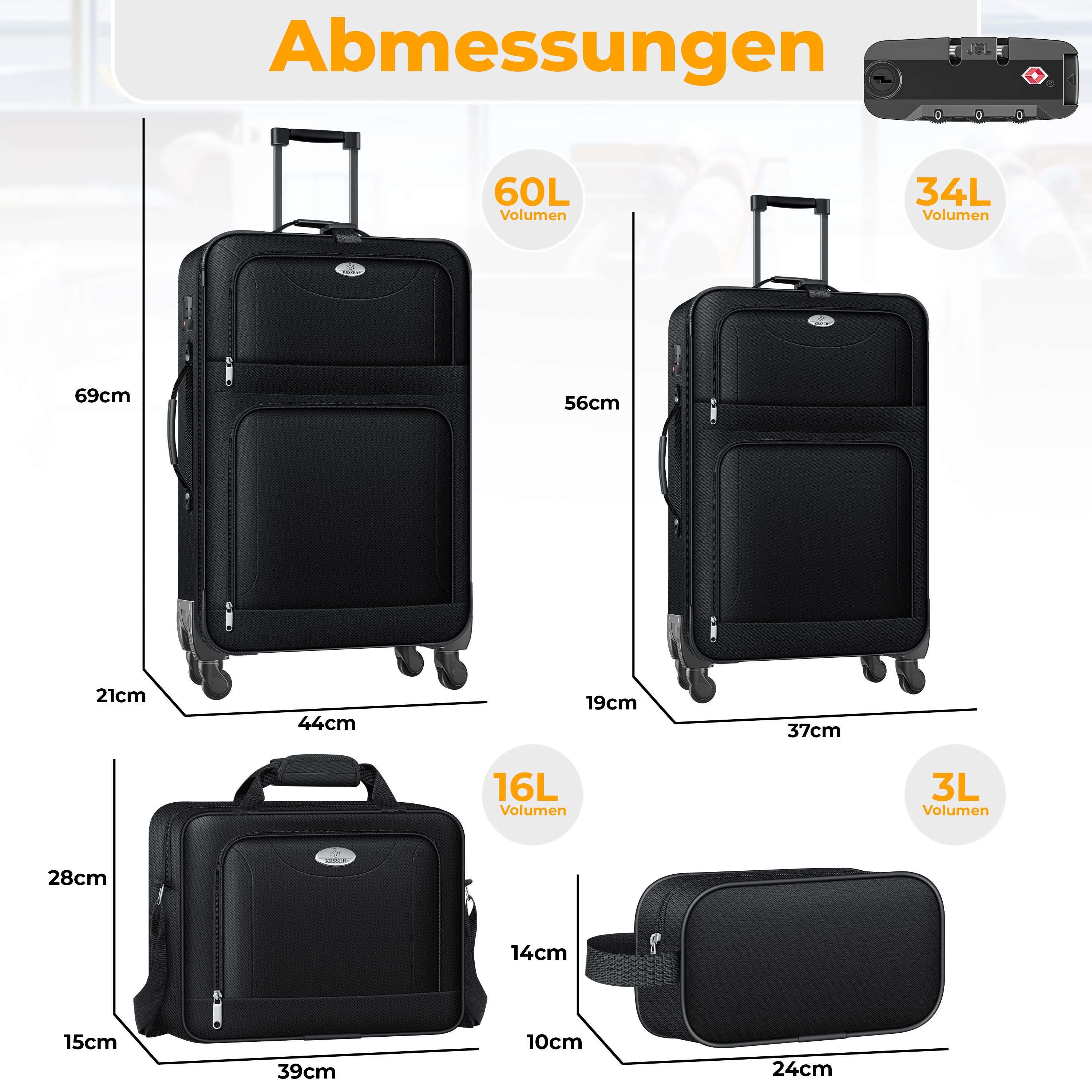 KESSER Kofferset, 4 Rollen, (Kosmetiktasche Handgepäck leichter Koffer & große Koffer), mit 3-Ziffern-TSA-Schloss, 360° Rollen & Teleskopgriff