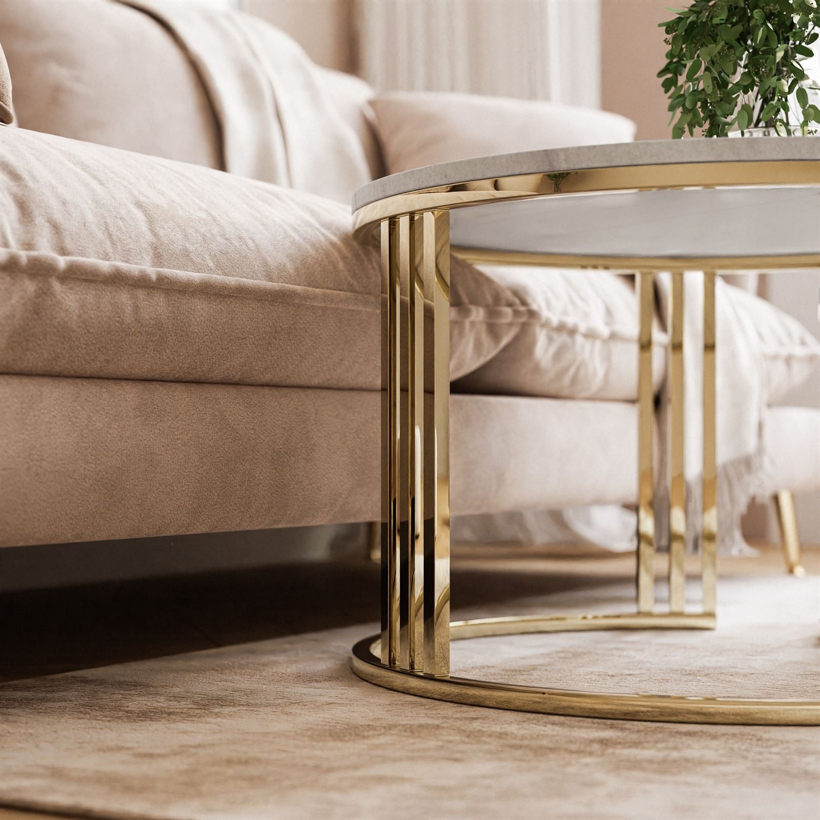 Lookway Couchtisch LORI 2in1 LEVANTO runder Couchtisch mit gold chrom Gestell (2er Set), Durchmesser: ⌀70 cm und ⌀50 cm, Höhe: 49 cm und 44 cm – Bild 4 von 5