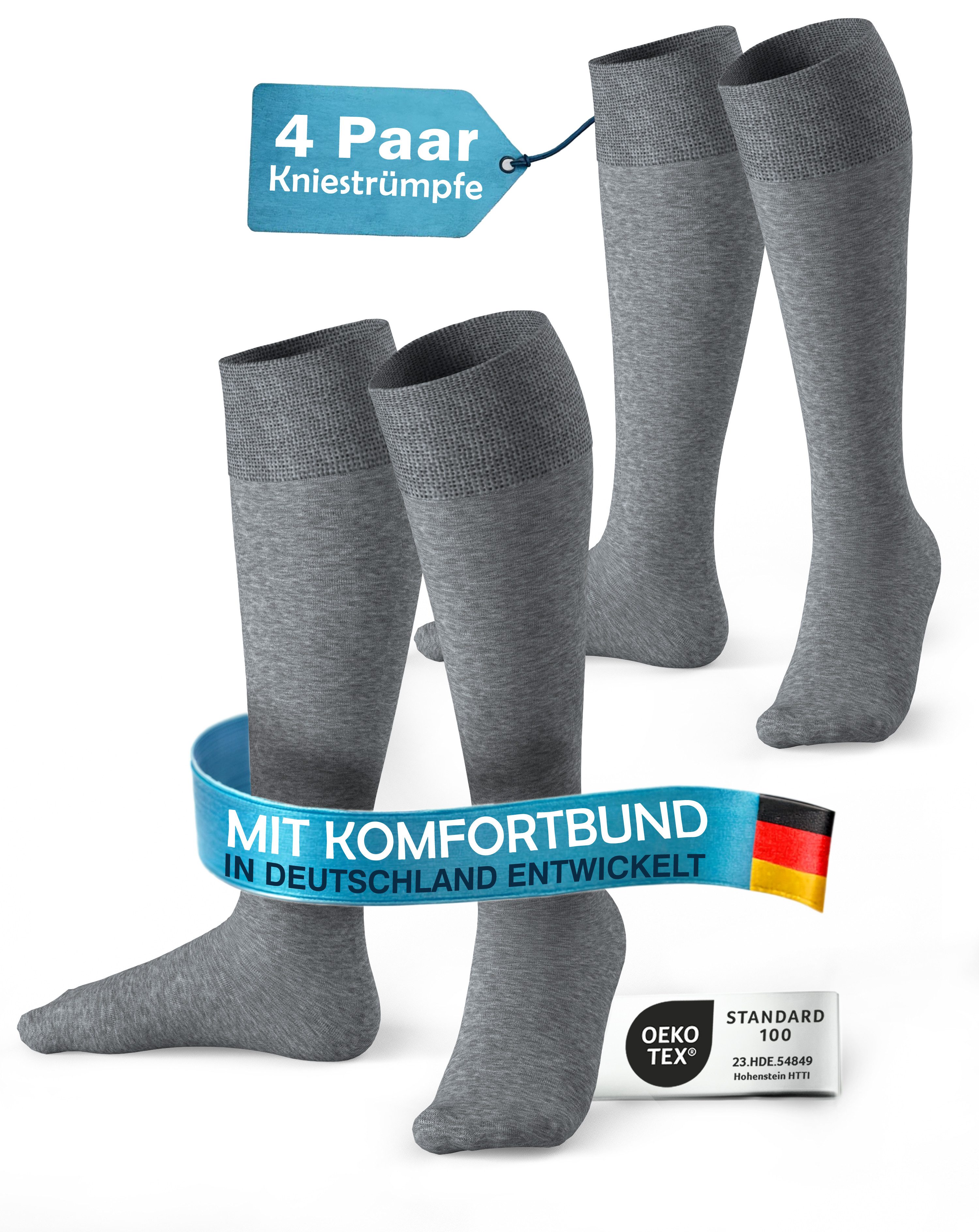 MEDOLY Kniestrümpfe Damen & Herren, mit 80% Baumwolle, Komfortbund (4 Paar)