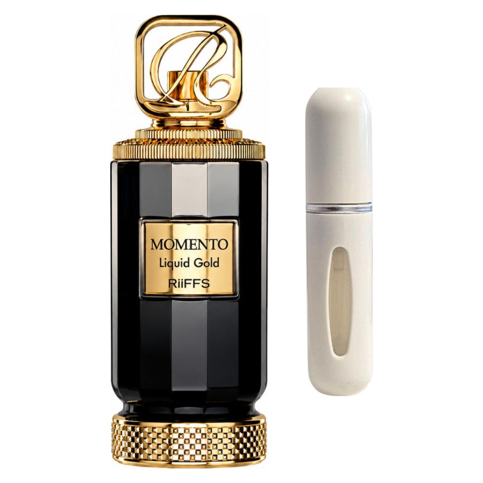 Riiffs Duft-Set Momento Liquid Gold Extrait de Parfum – Süß + Parfümzerstäuber (leer)