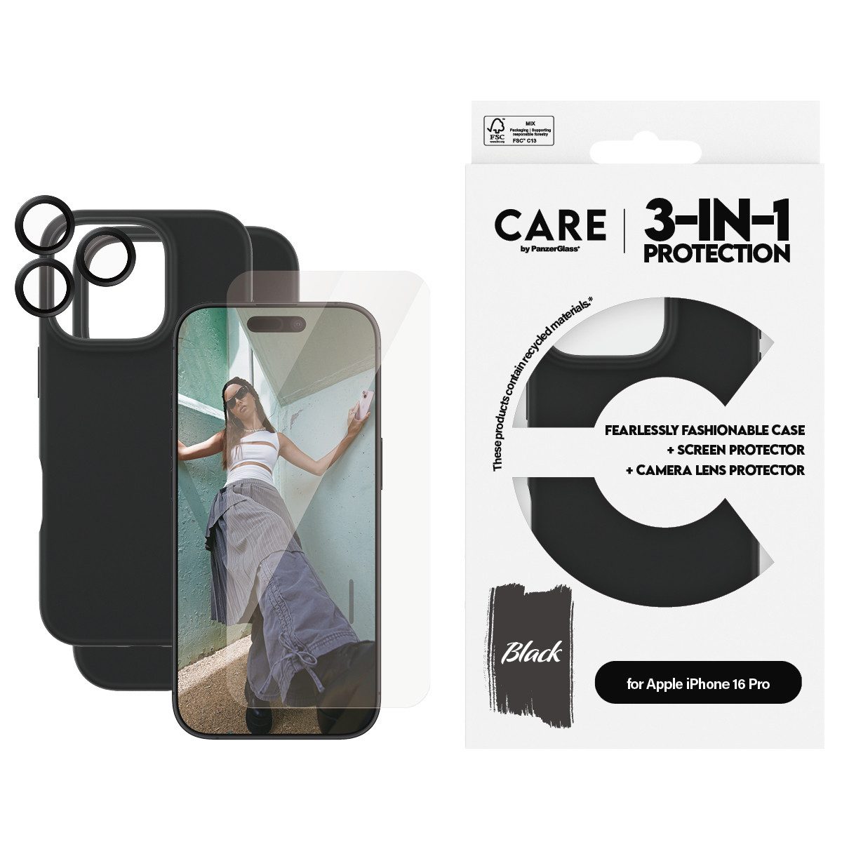 CARE by PanzerGlass Displayschutzglas 3-in-1 Protection, Glass, Case, Lenscover für Apple iPhone 16 Pro, Displayschutzfolie, Schutzfolie, Bildschirmschutz, kratz- & stoßfest