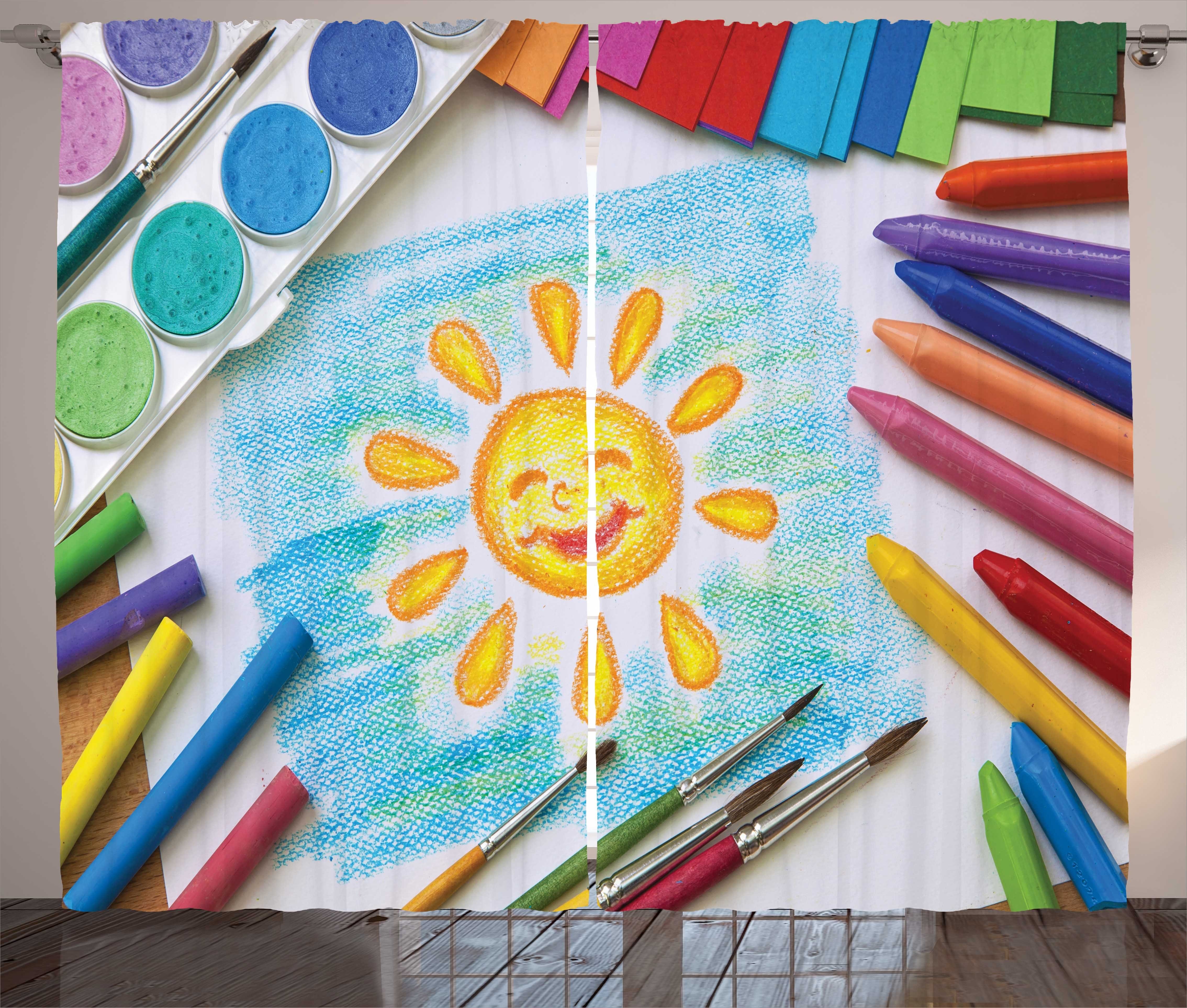 Gardine Schlafzimmer Kräuselband Vorhang mit Schlaufen und Haken, Abakuhaus, Buntstift Kinder Happy Sun Painting