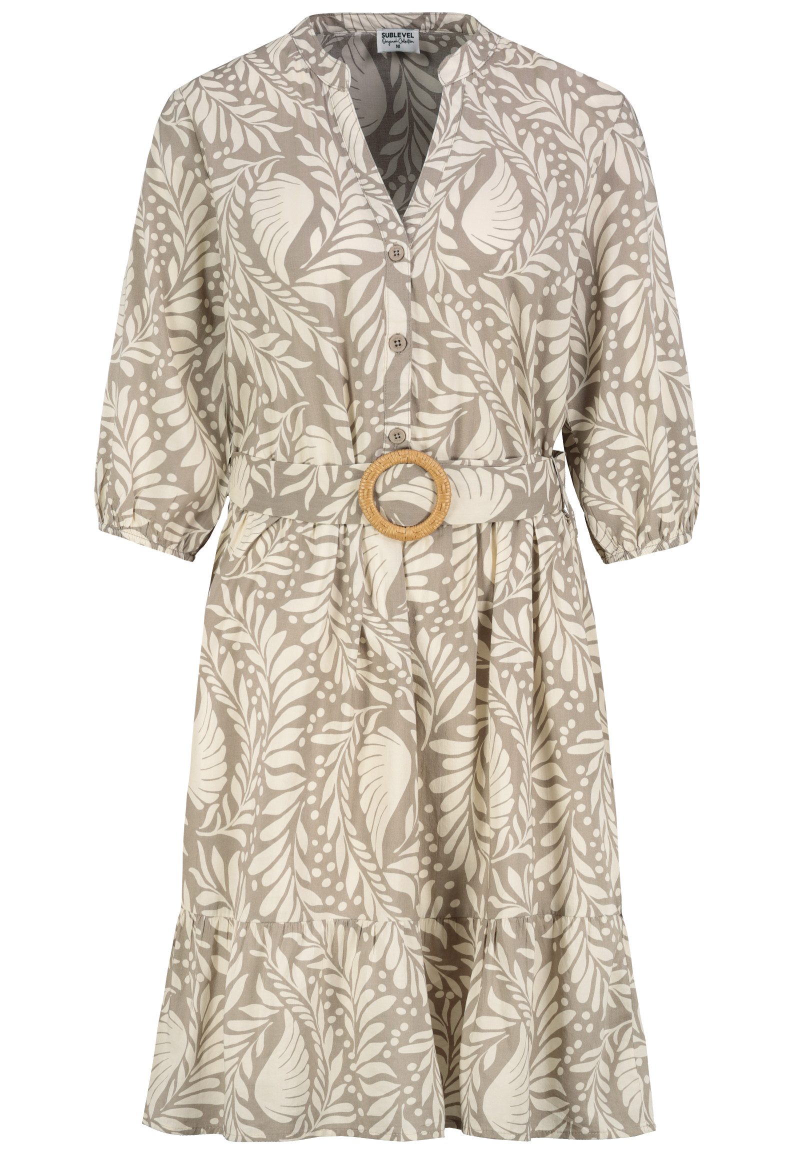 SUBLEVEL Blusenkleid Damen Blusenkleid mit Muster und Gürtel A-Linie, lange Ballonärmel, Gürtel mit runder Bastschnalle