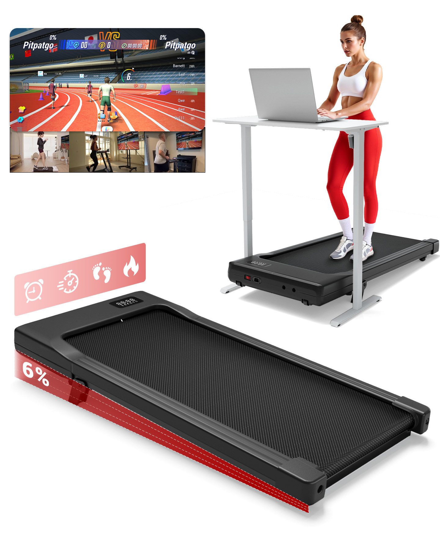 SUPERUN Laufband Walking Pad mit Steigung, 2.5HP Leises Laufband mit LED-Anzeige (1-tlg), APP-Steuerung, 2-in-1 Laufband für Zuhause und Büro