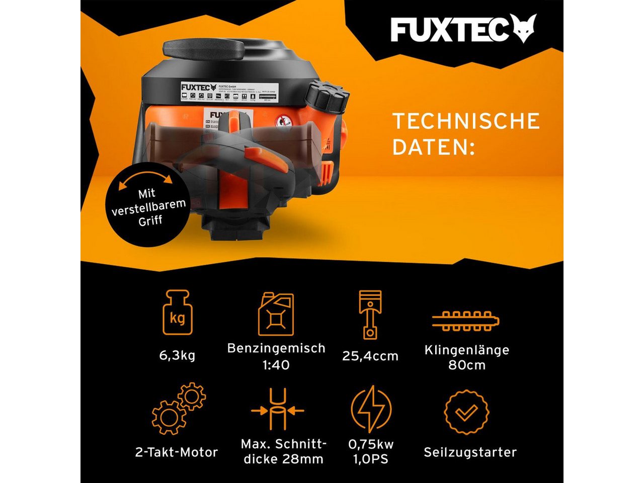 Thumbnail - FUXTEC Benzin-Heckenschere FX-MHP126, 25.4ccm 80cm Schnittlänge, Schnittstärke 28mm, vibrationsdämpfer