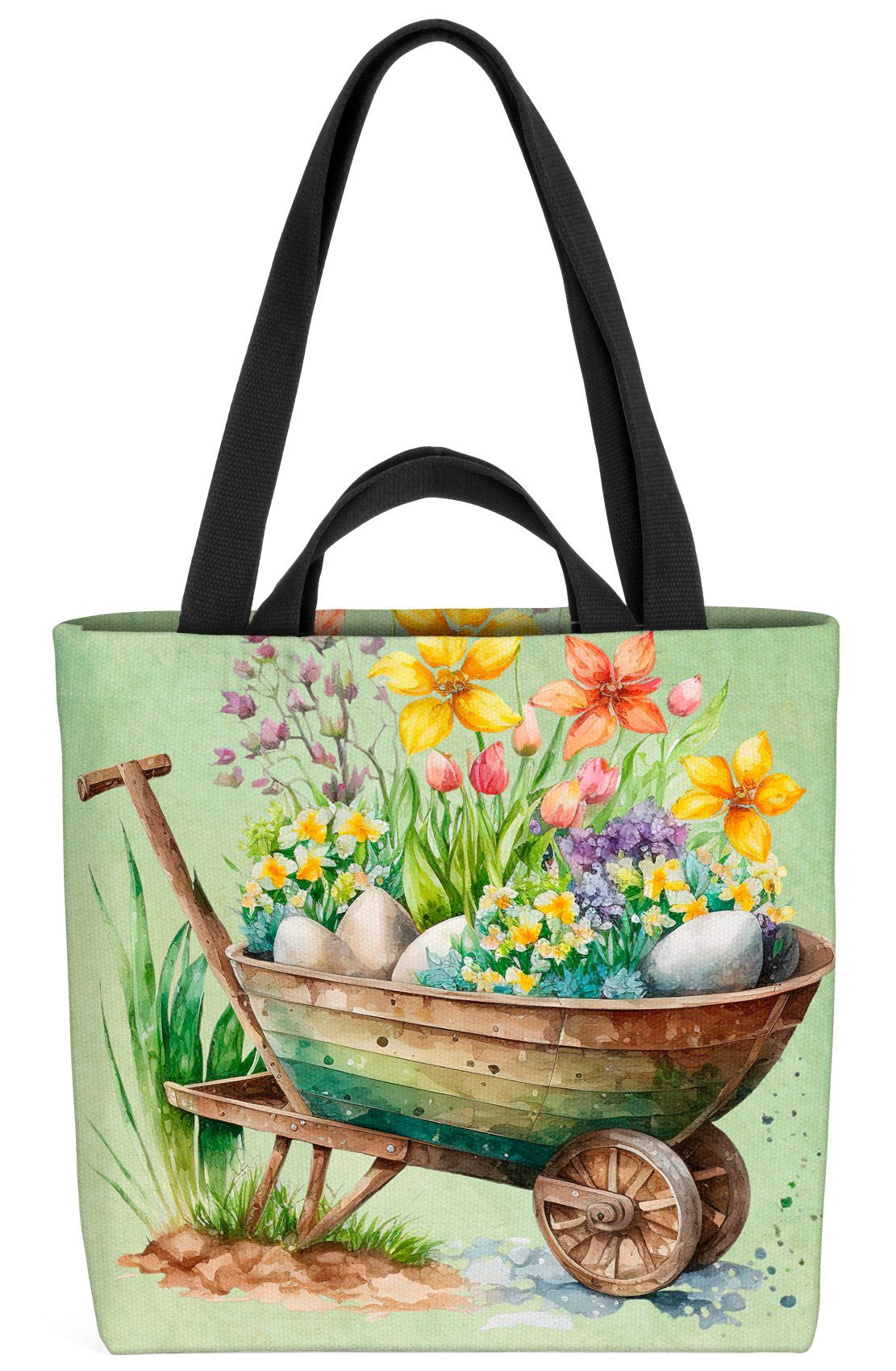 Frühling Henkeltasche Einkaufstasche (1-tlg), Tasche Blumen VOID Bag Schubkarre Shopper Ostern