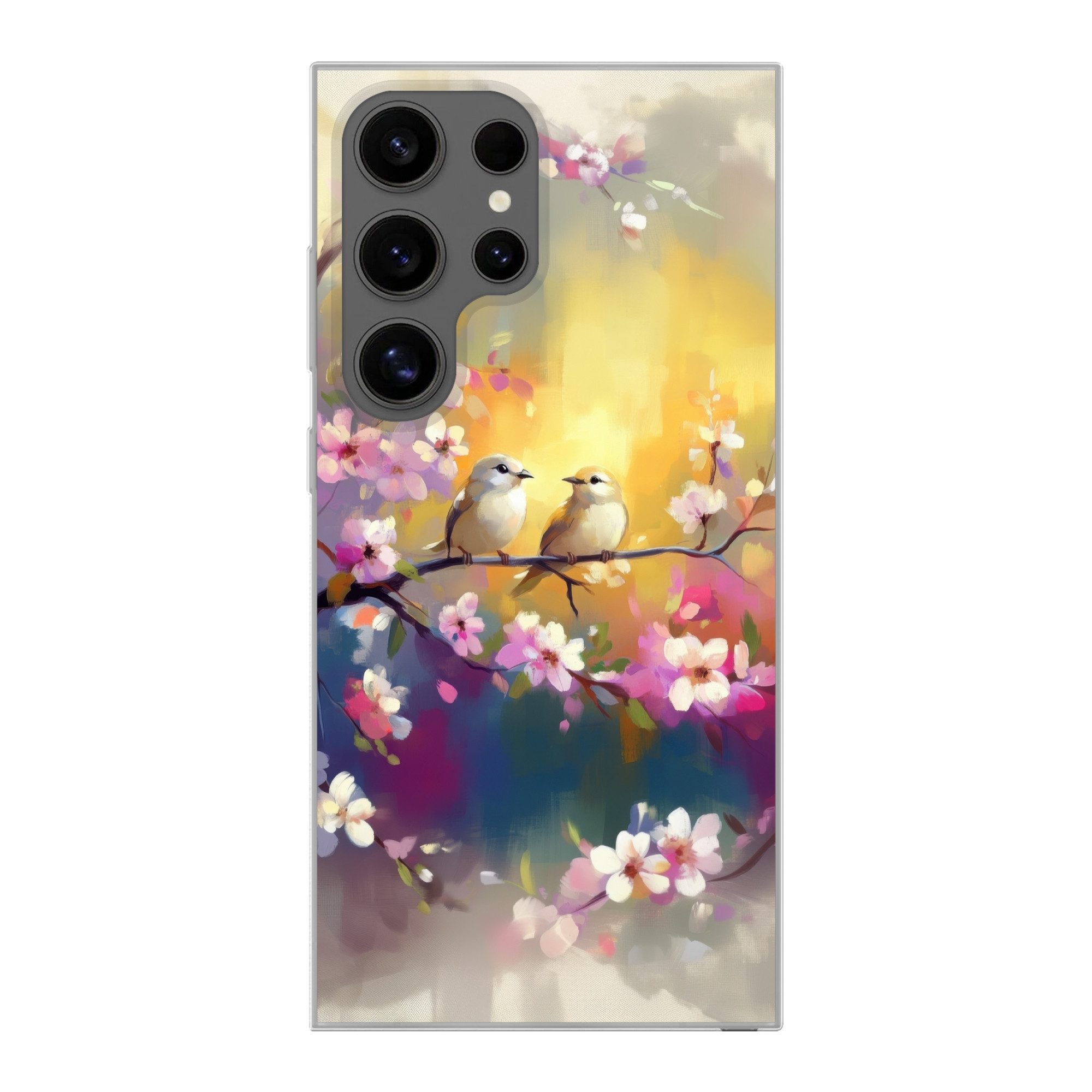 MuchoWow Handyhülle für Samsung Galaxy S24 Ultra Vögel - Blumen - Rosa, Phone Case, Silikon, Schutzhülle Dünn